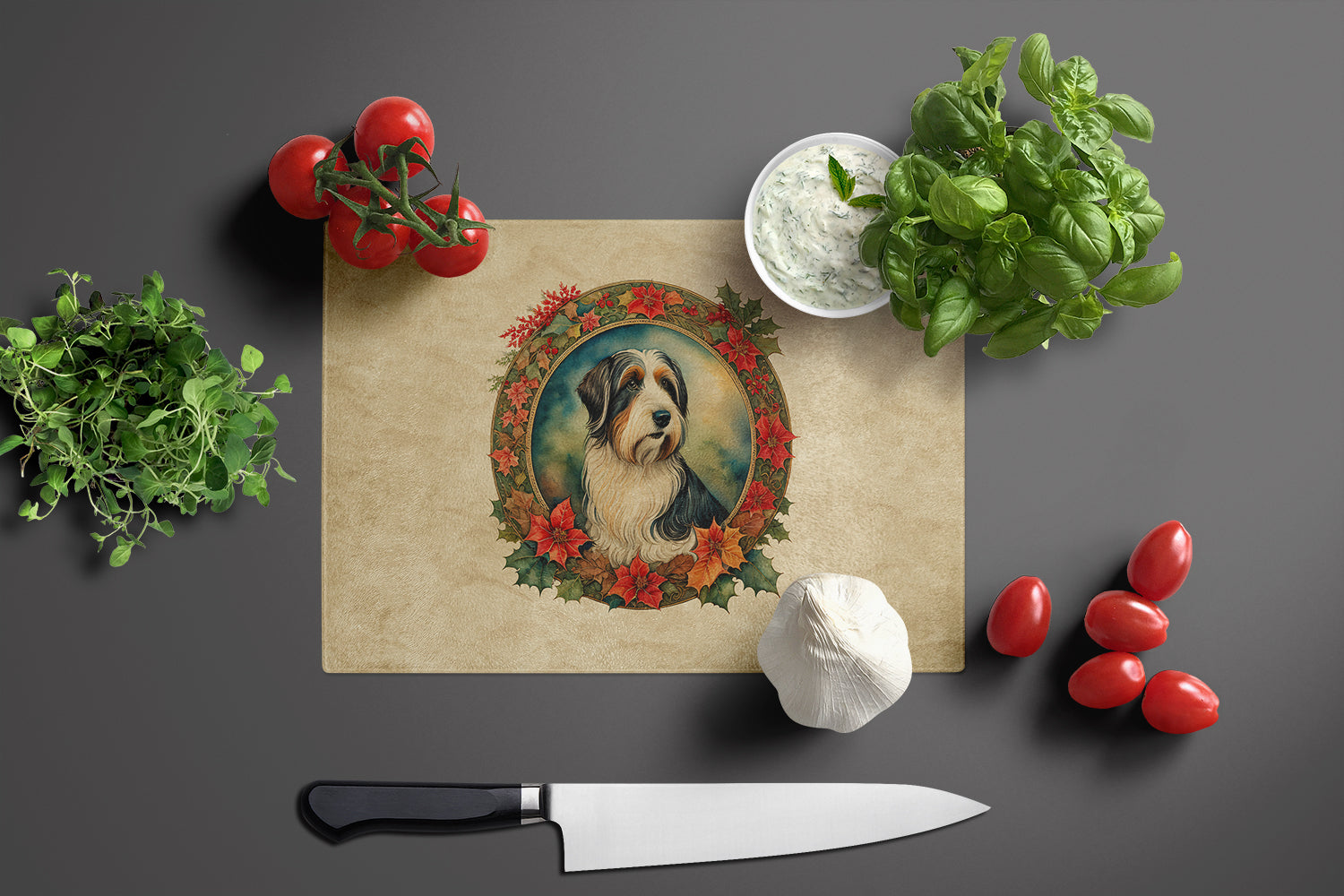 Bearded Collie Christmas Flowers Glass Cutting Board