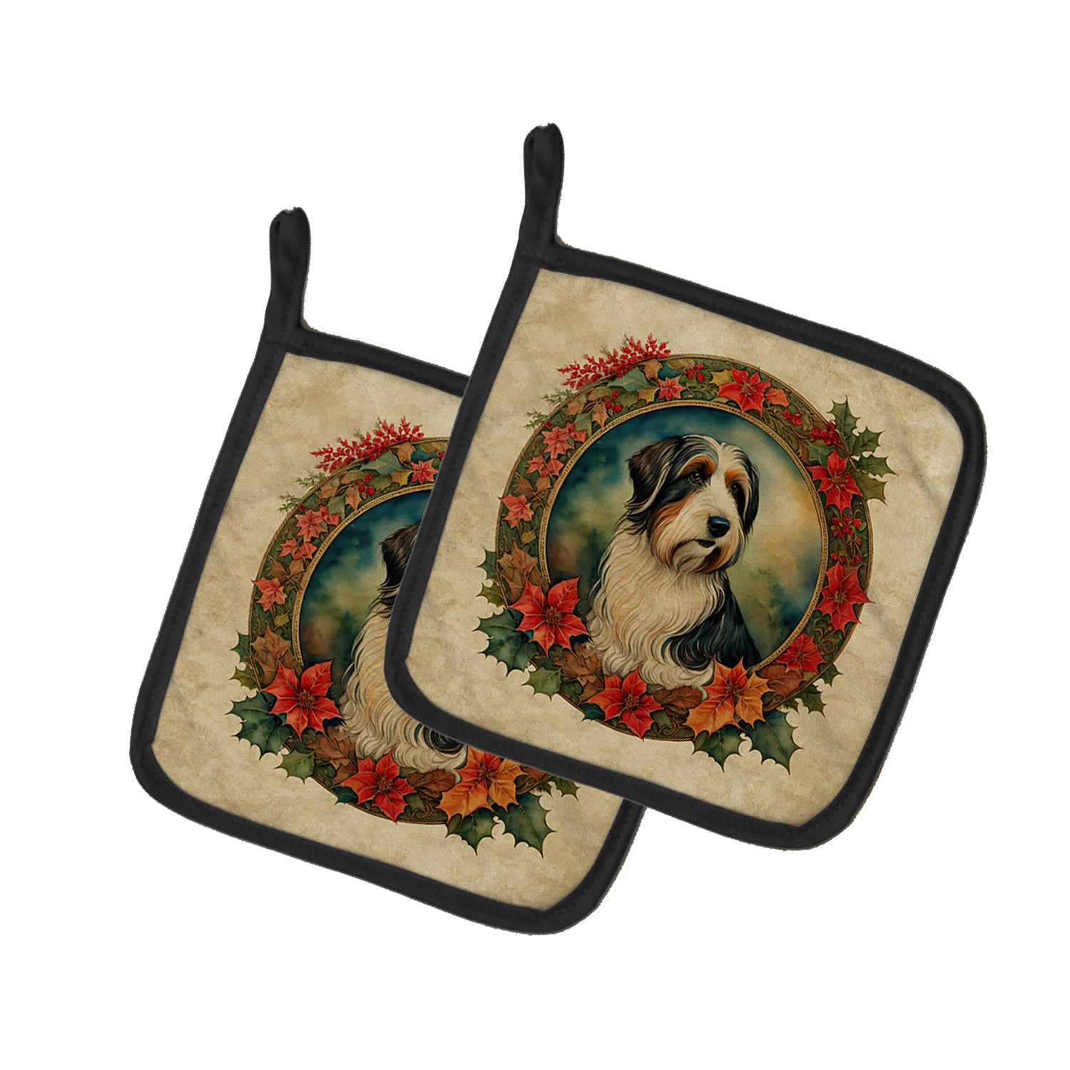 Buy this Bearded Collie Christmas Flowers Pair of Pot Holders