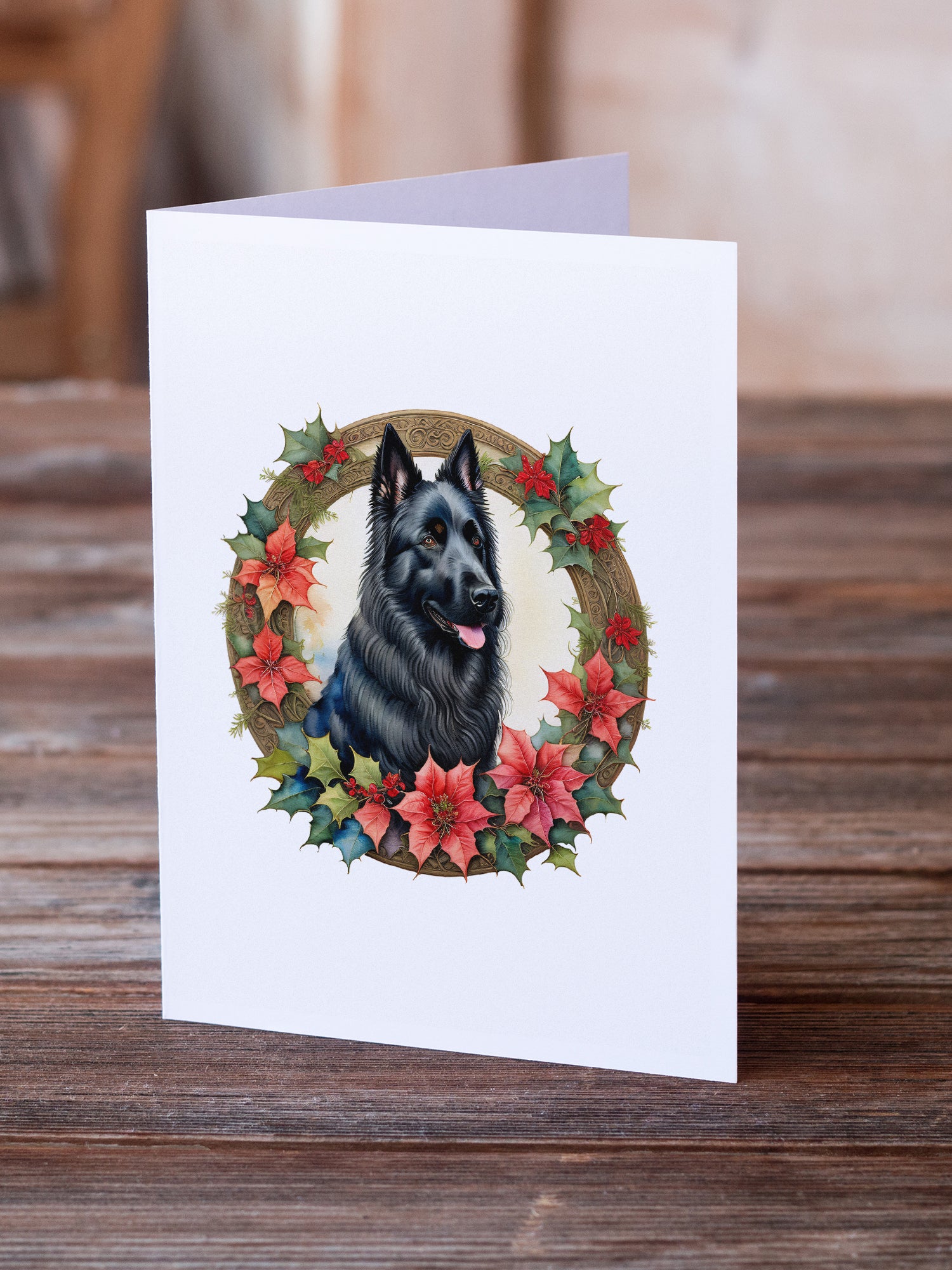 Belgian Sheepdog Christmas Flowers Greeting Cards Pack of 8