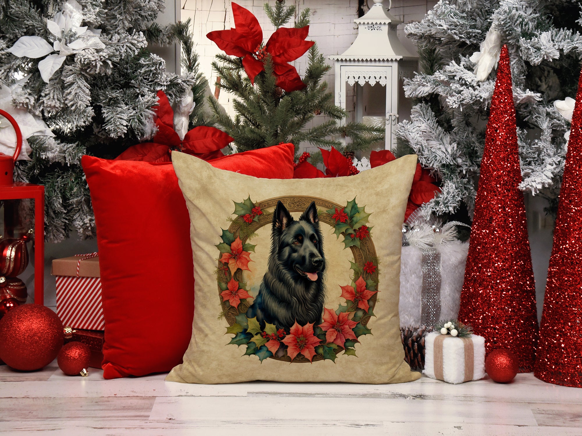 Buy this Belgian Sheepdog Christmas Flowers Throw Pillow