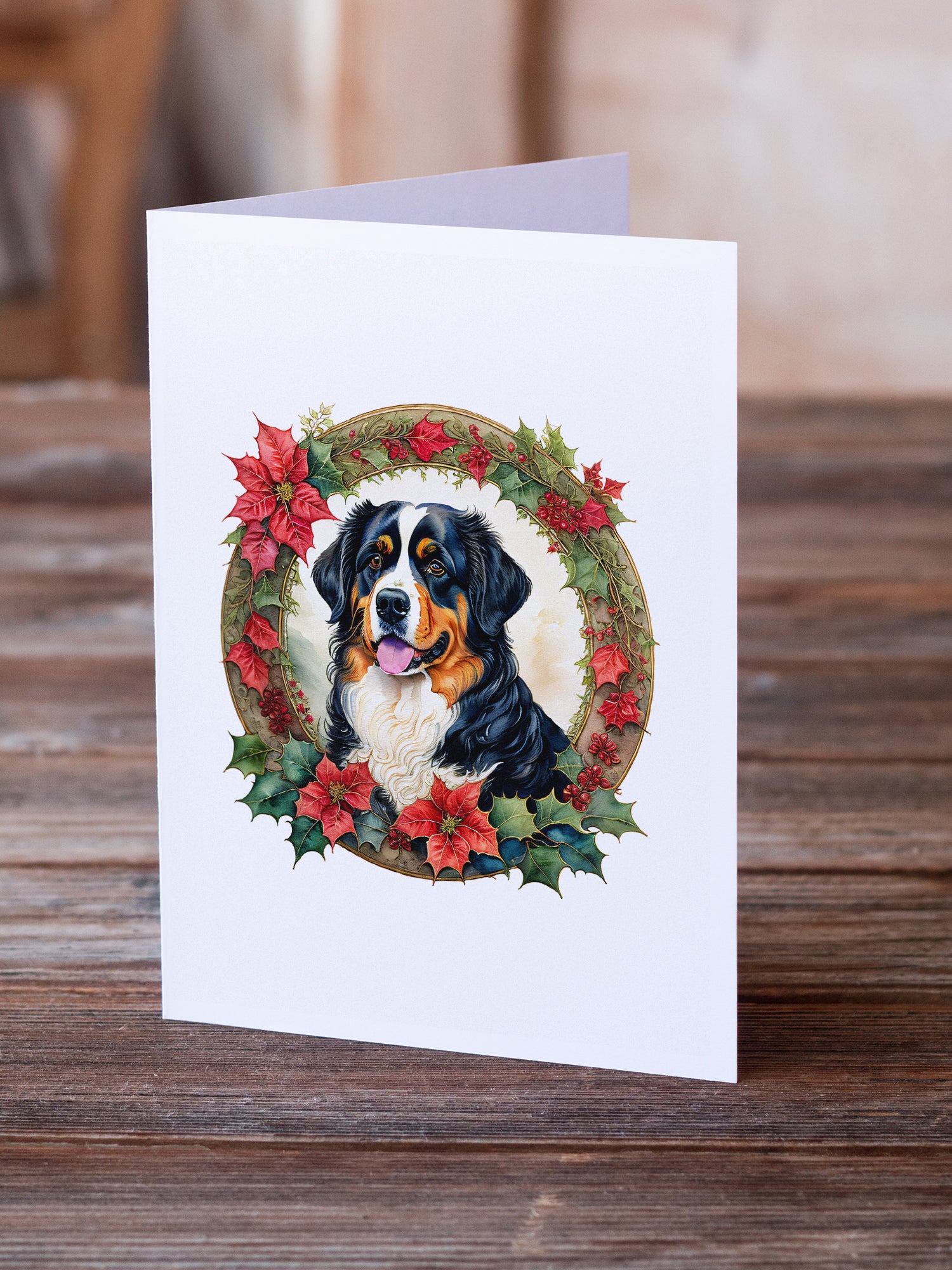 Bernese Mountain Dog Christmas Flowers Greeting Cards Pack of 8