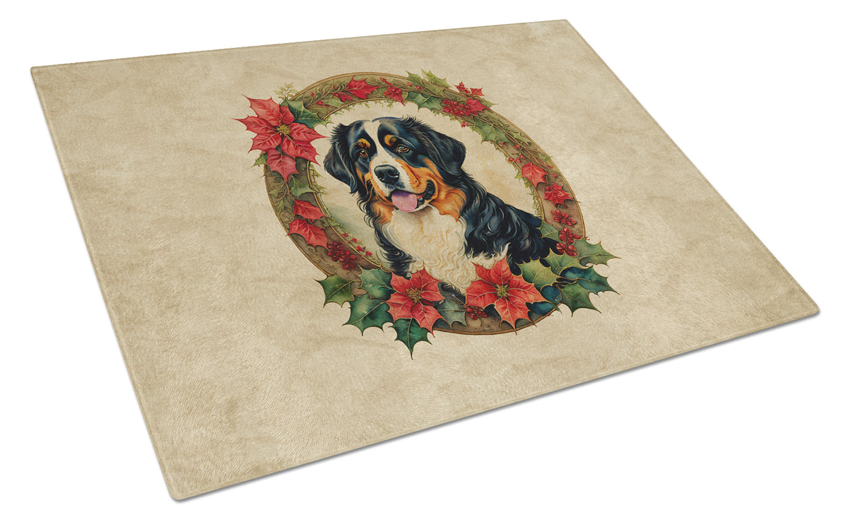 Buy this Bernese Mountain Dog Christmas Flowers Glass Cutting Board