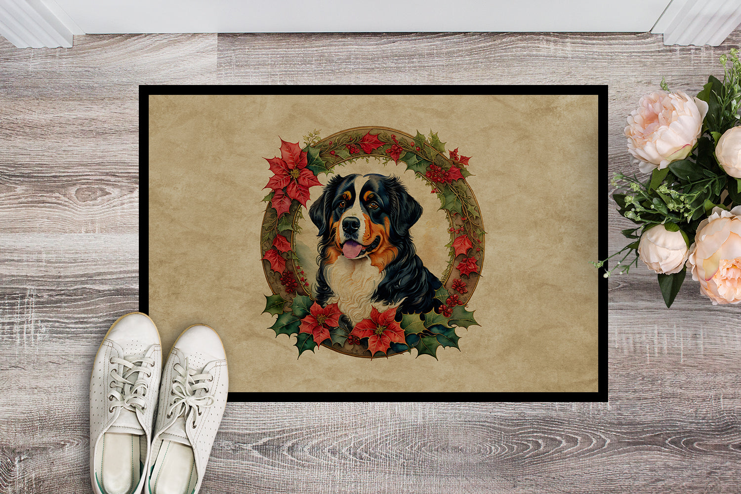 Buy this Bernese Mountain Dog Christmas Flowers Doormat