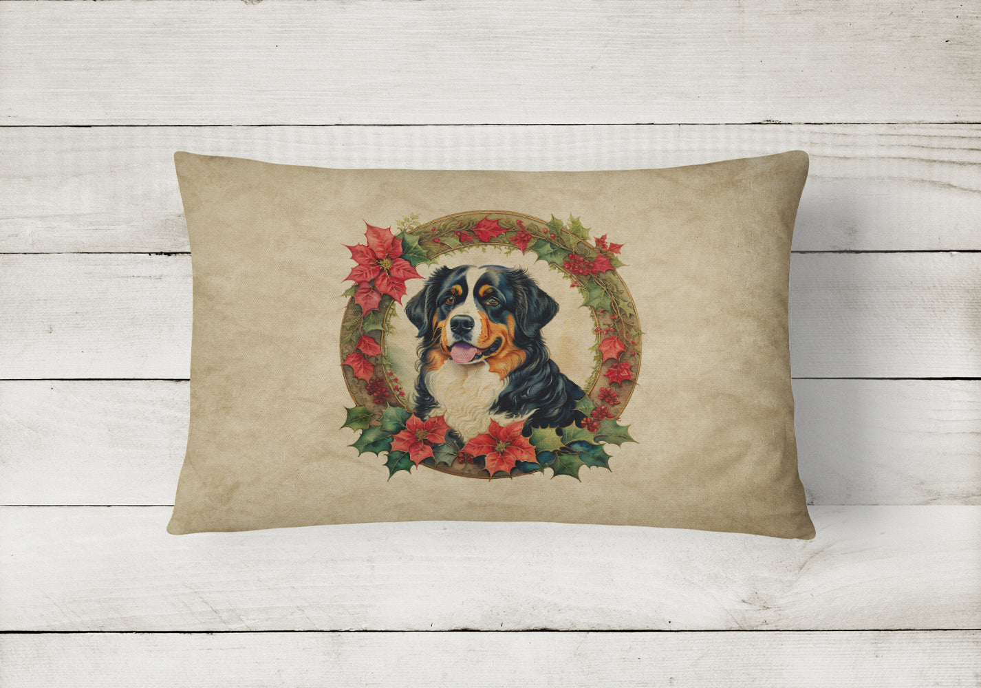 Bernese Mountain Dog Christmas Flowers Throw Pillow