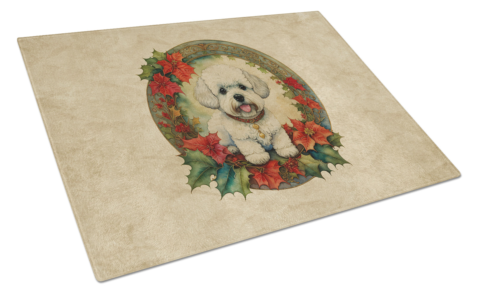 Buy this Bichon Frise Christmas Flowers Glass Cutting Board