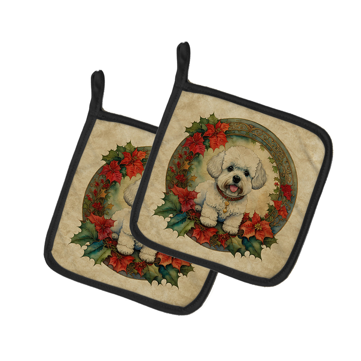 Buy this Bichon Frise Christmas Flowers Pair of Pot Holders