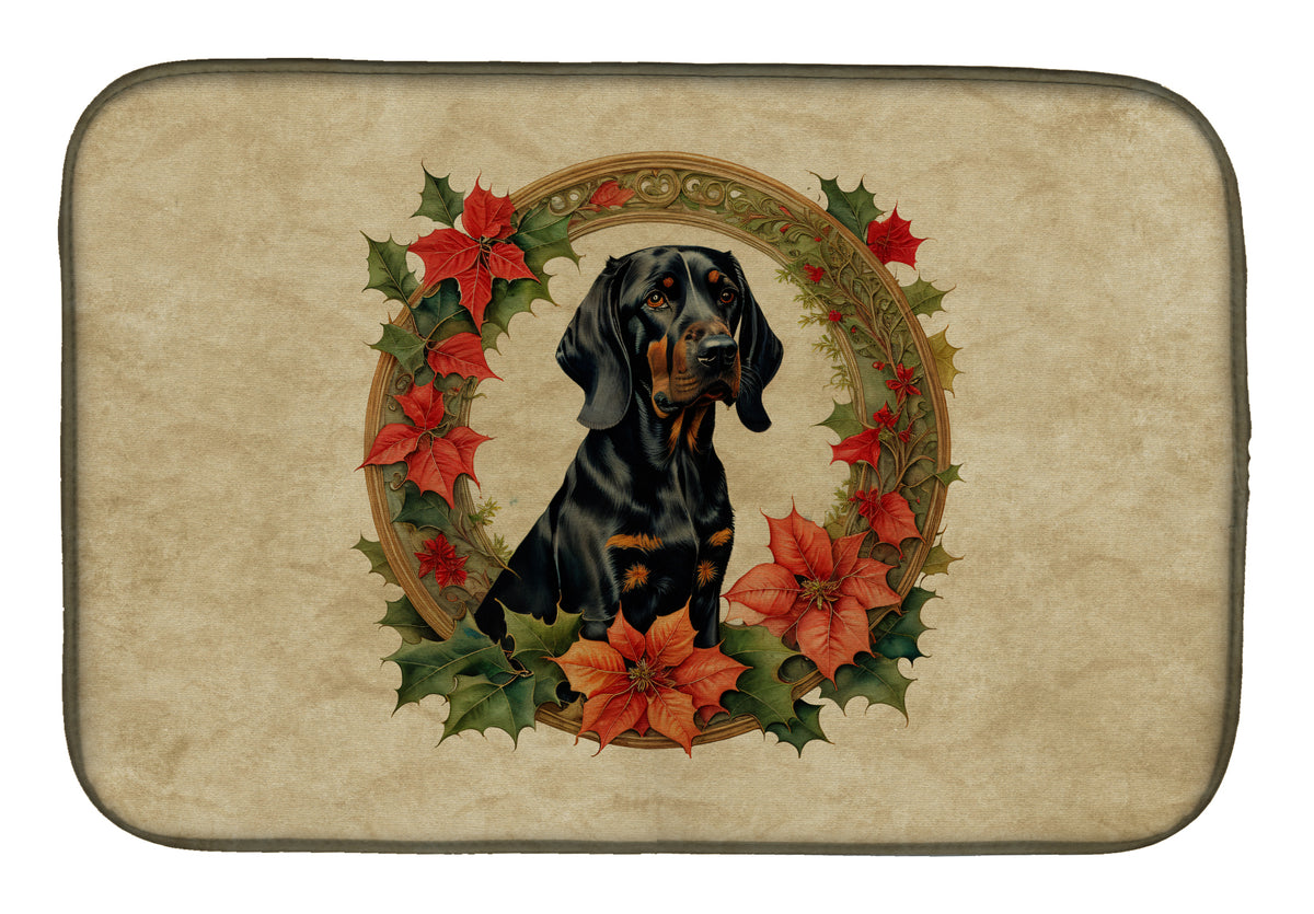 Buy this Black and Tan Coonhound Christmas Flowers Dish Drying Mat