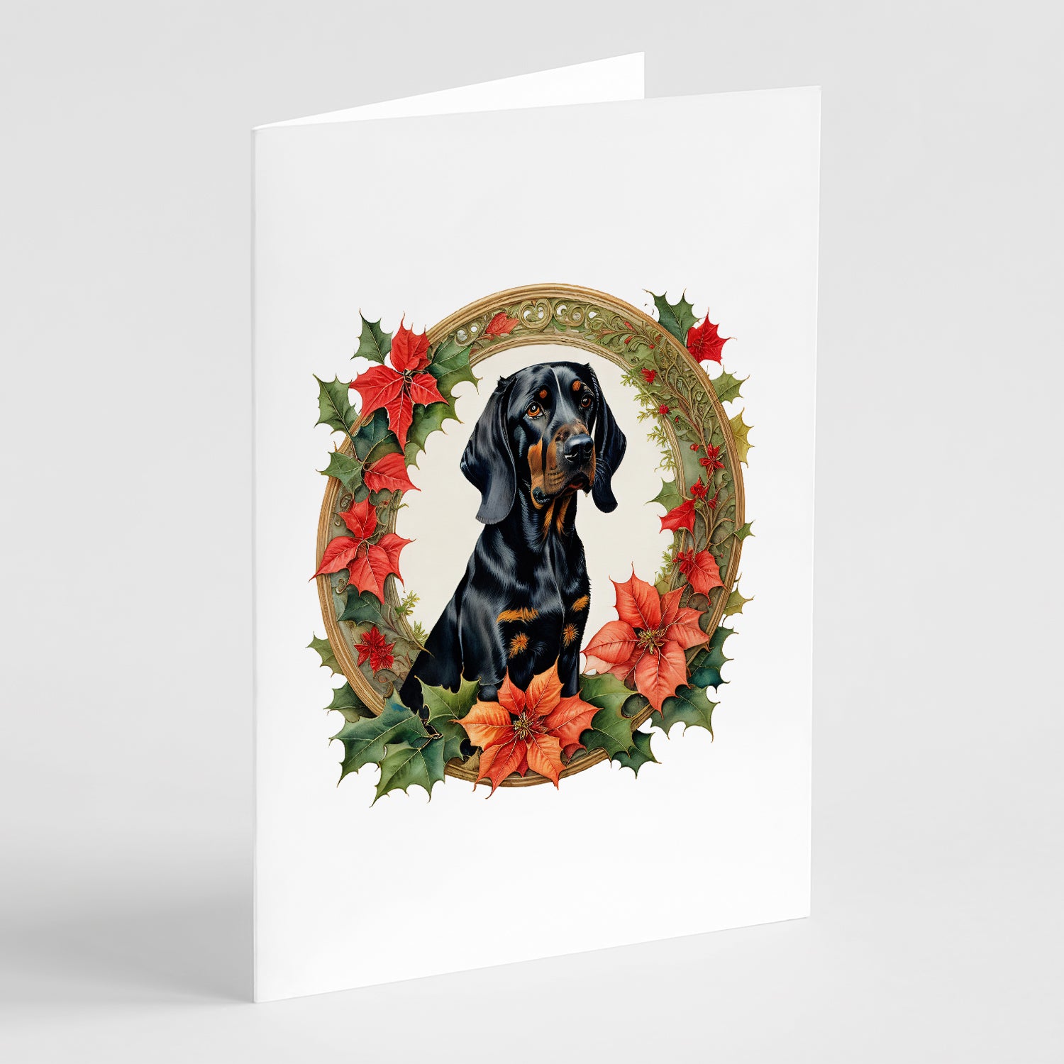 Buy this Black and Tan Coonhound Christmas Flowers Greeting Cards Pack of 8