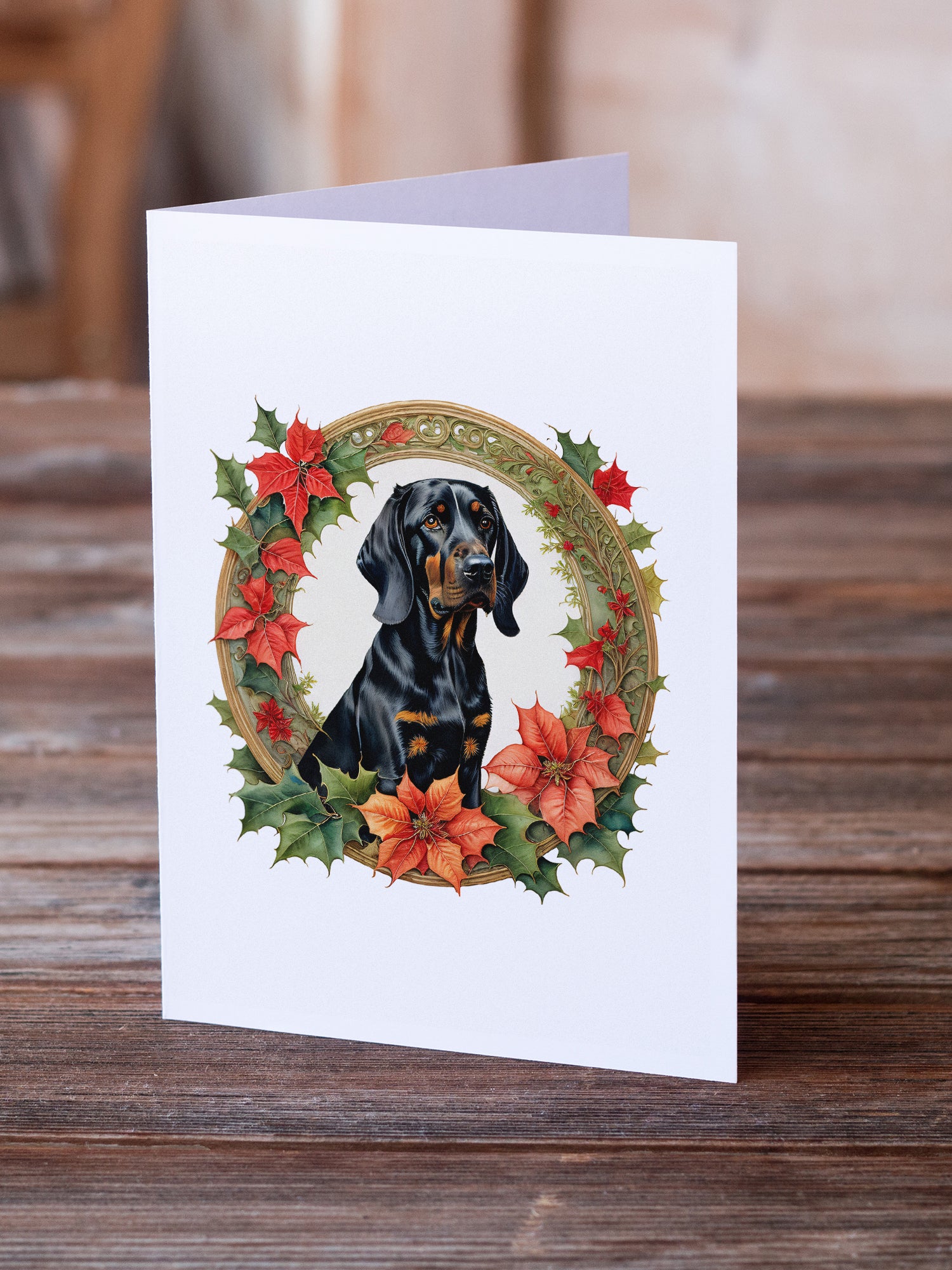 Black and Tan Coonhound Christmas Flowers Greeting Cards Pack of 8
