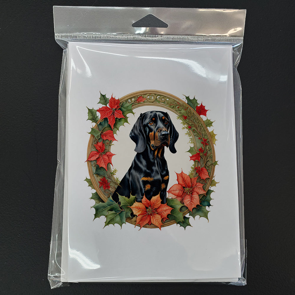 Black and Tan Coonhound Christmas Flowers Greeting Cards Pack of 8