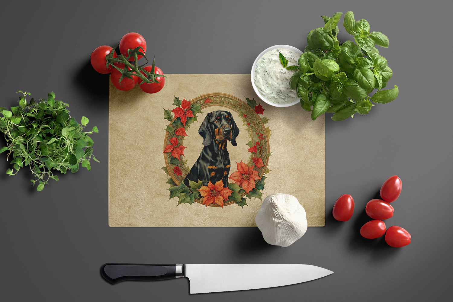 Black and Tan Coonhound Christmas Flowers Glass Cutting Board