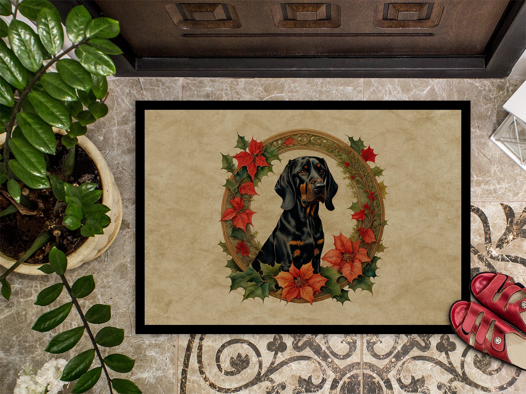 Black and Tan Coonhound Christmas Flowers Doormat