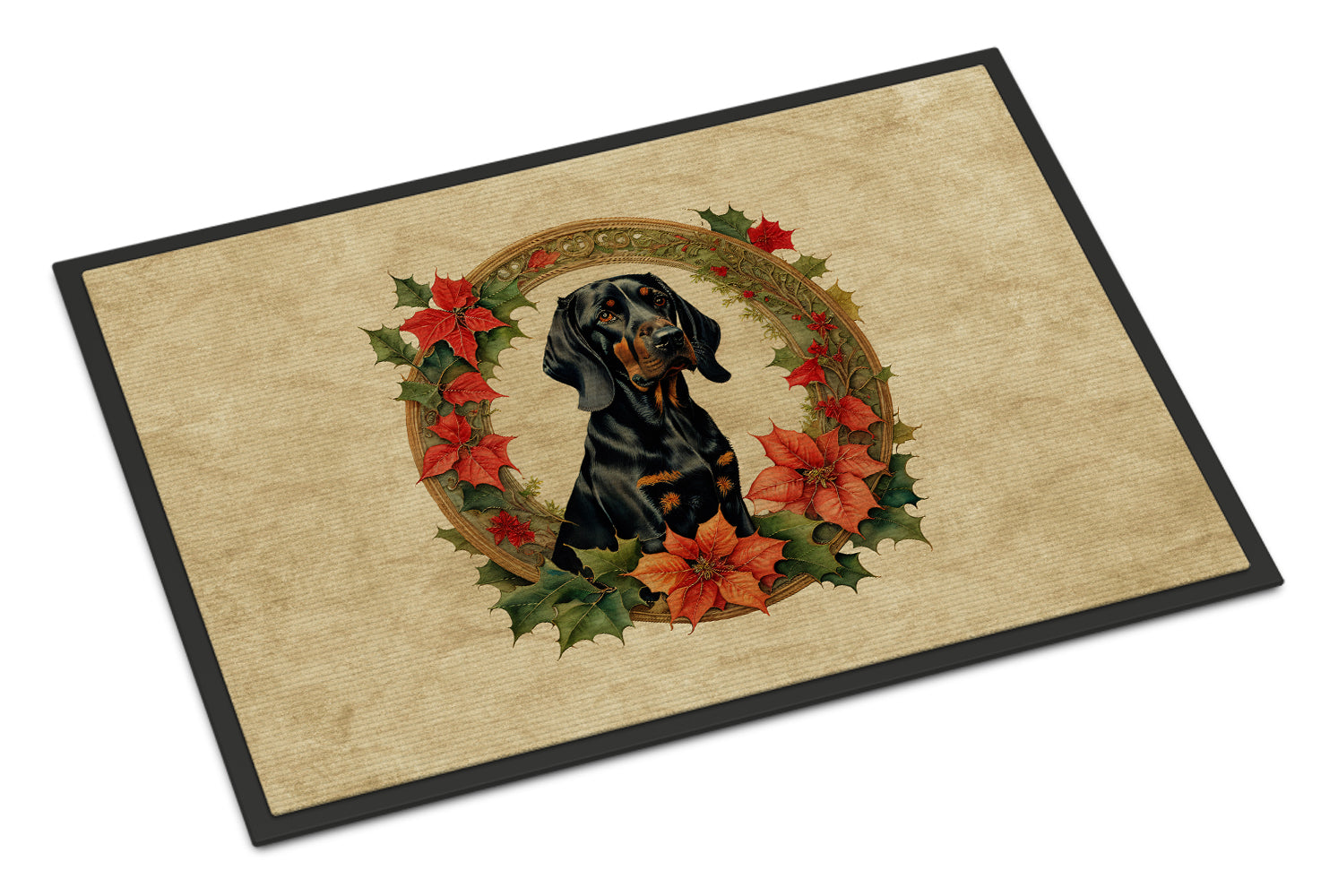 Buy this Black and Tan Coonhound Christmas Flowers Doormat