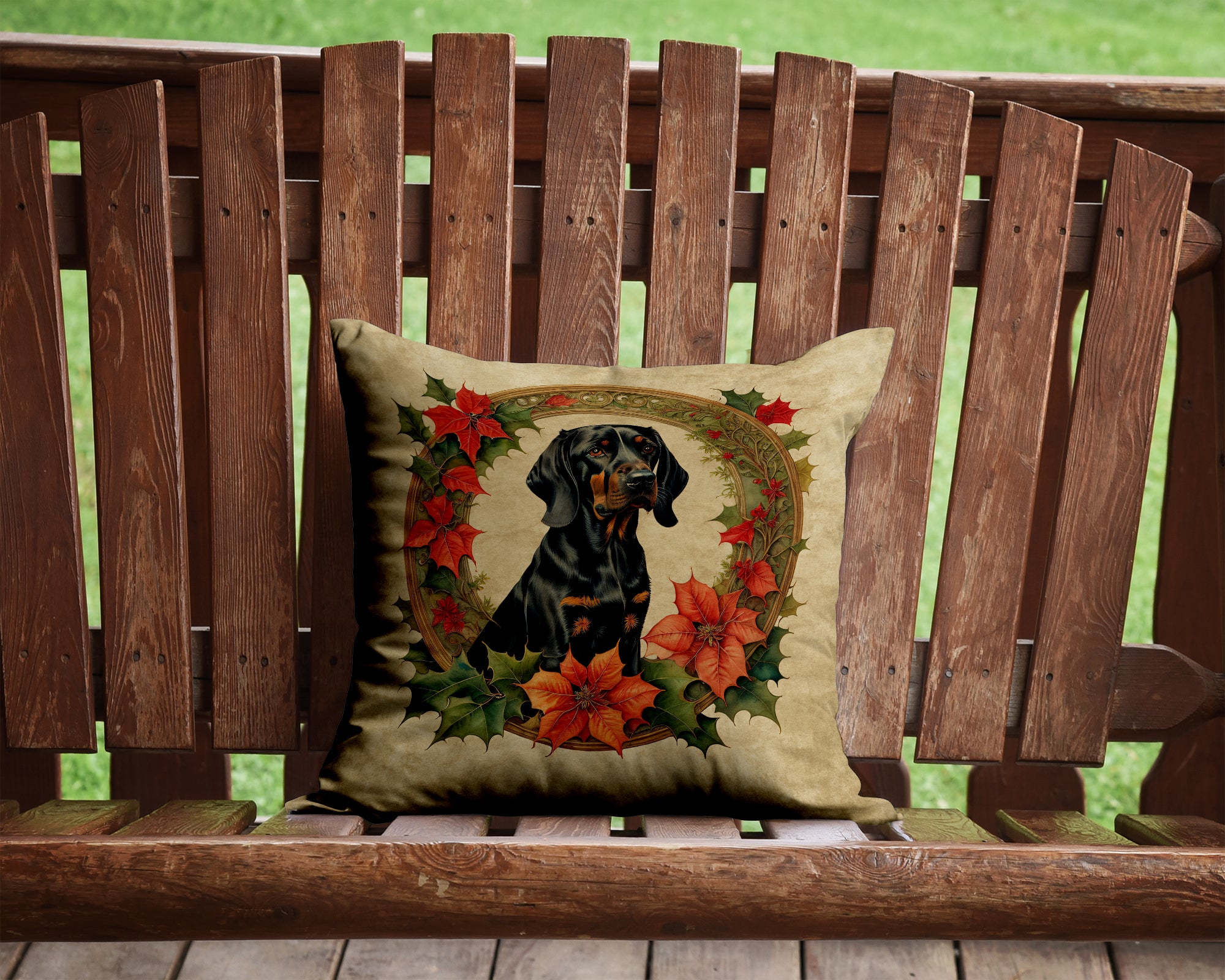 Buy this Black and Tan Coonhound Christmas Flowers Throw Pillow
