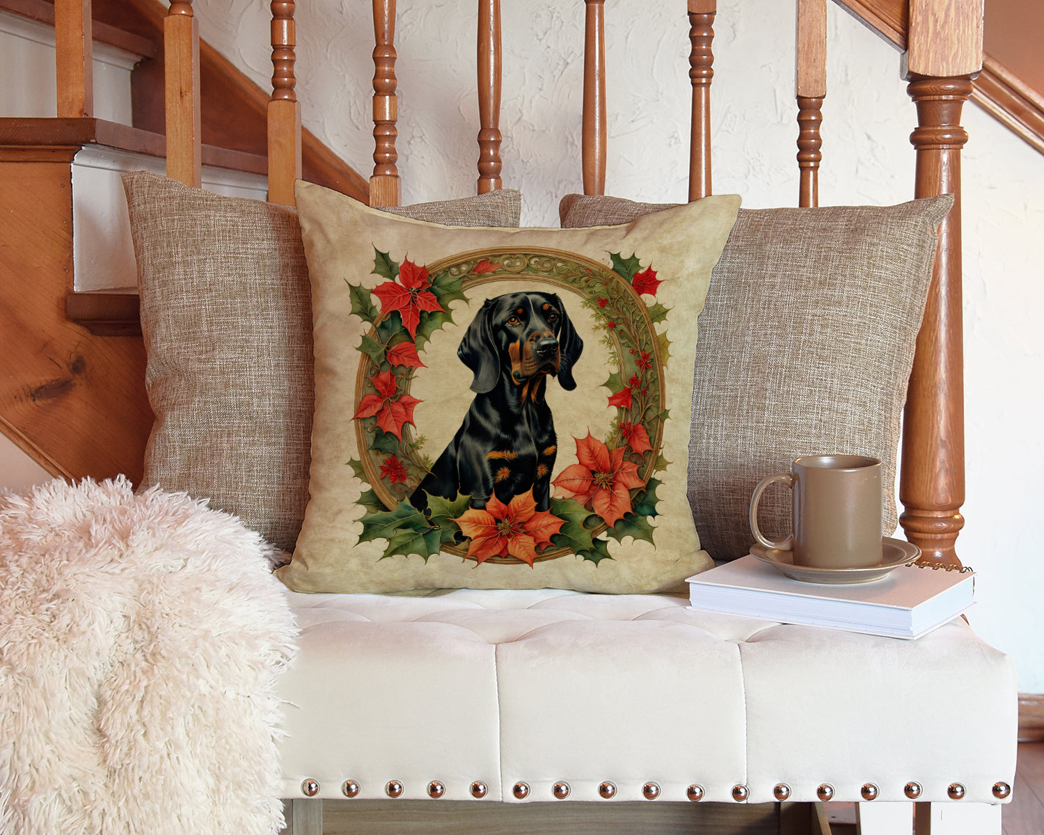 Black and Tan Coonhound Christmas Flowers Throw Pillow