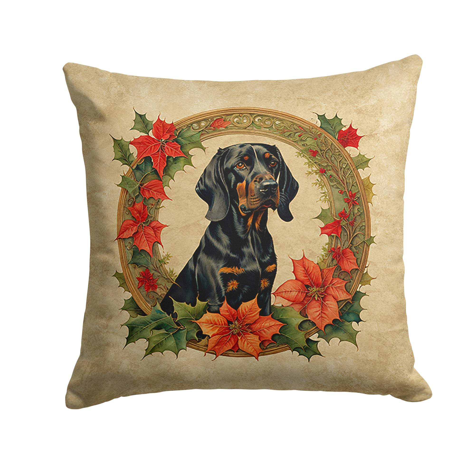 Buy this Black and Tan Coonhound Christmas Flowers Throw Pillow