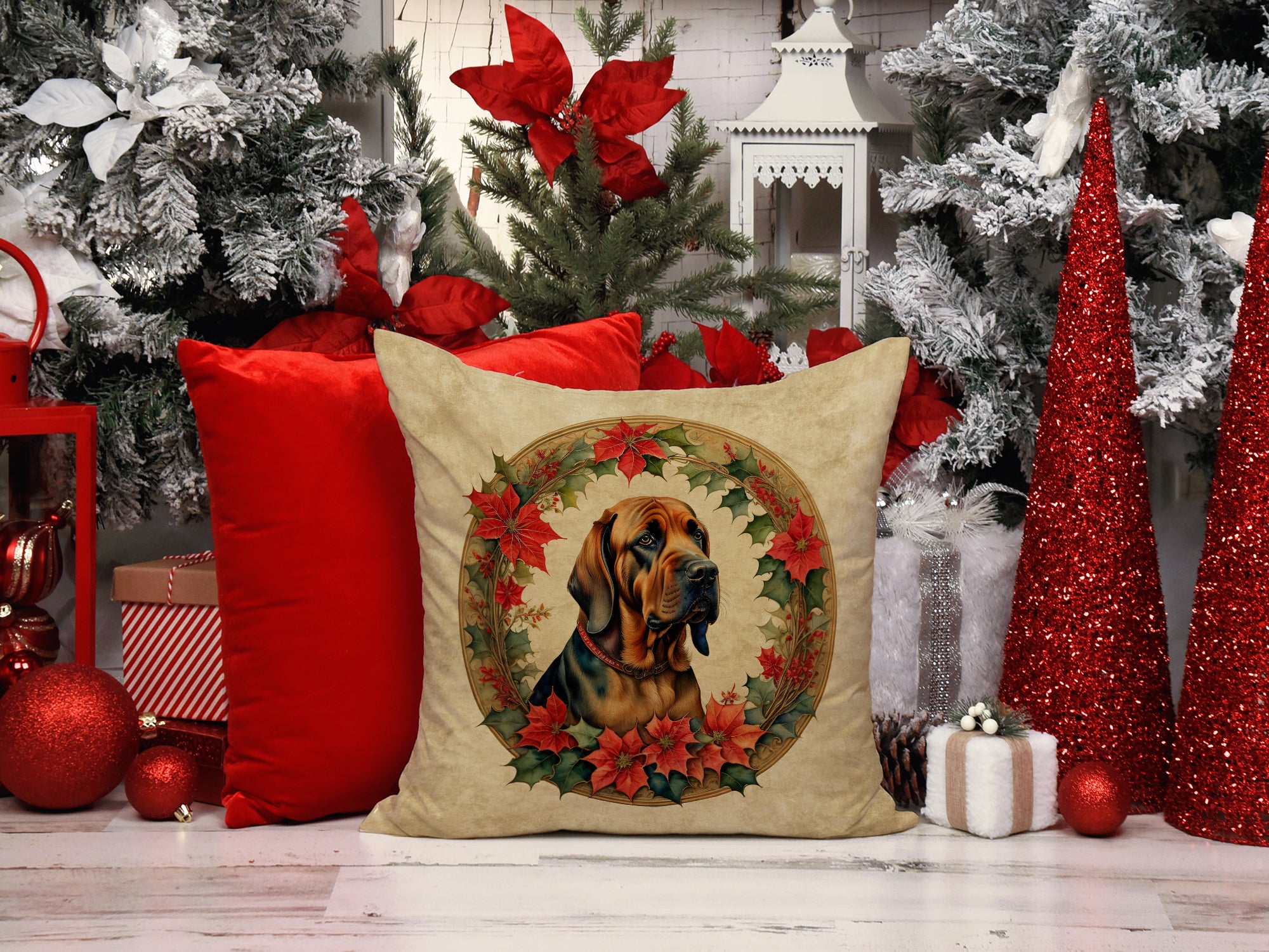 Bloodhound Christmas Flowers Throw Pillow
