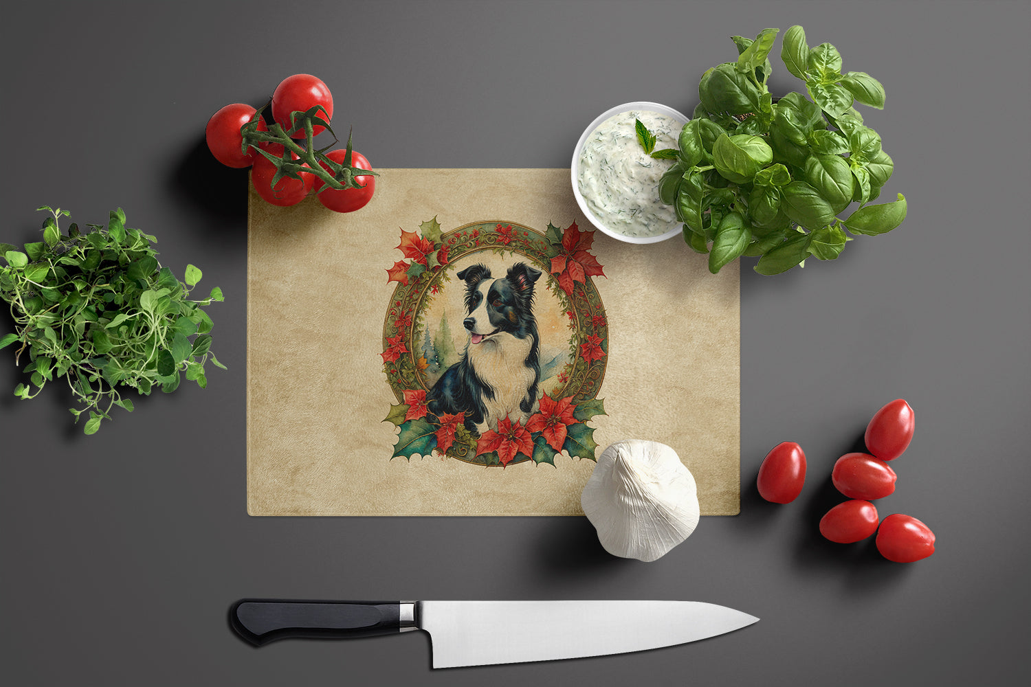 Border Collie Christmas Flowers Glass Cutting Board