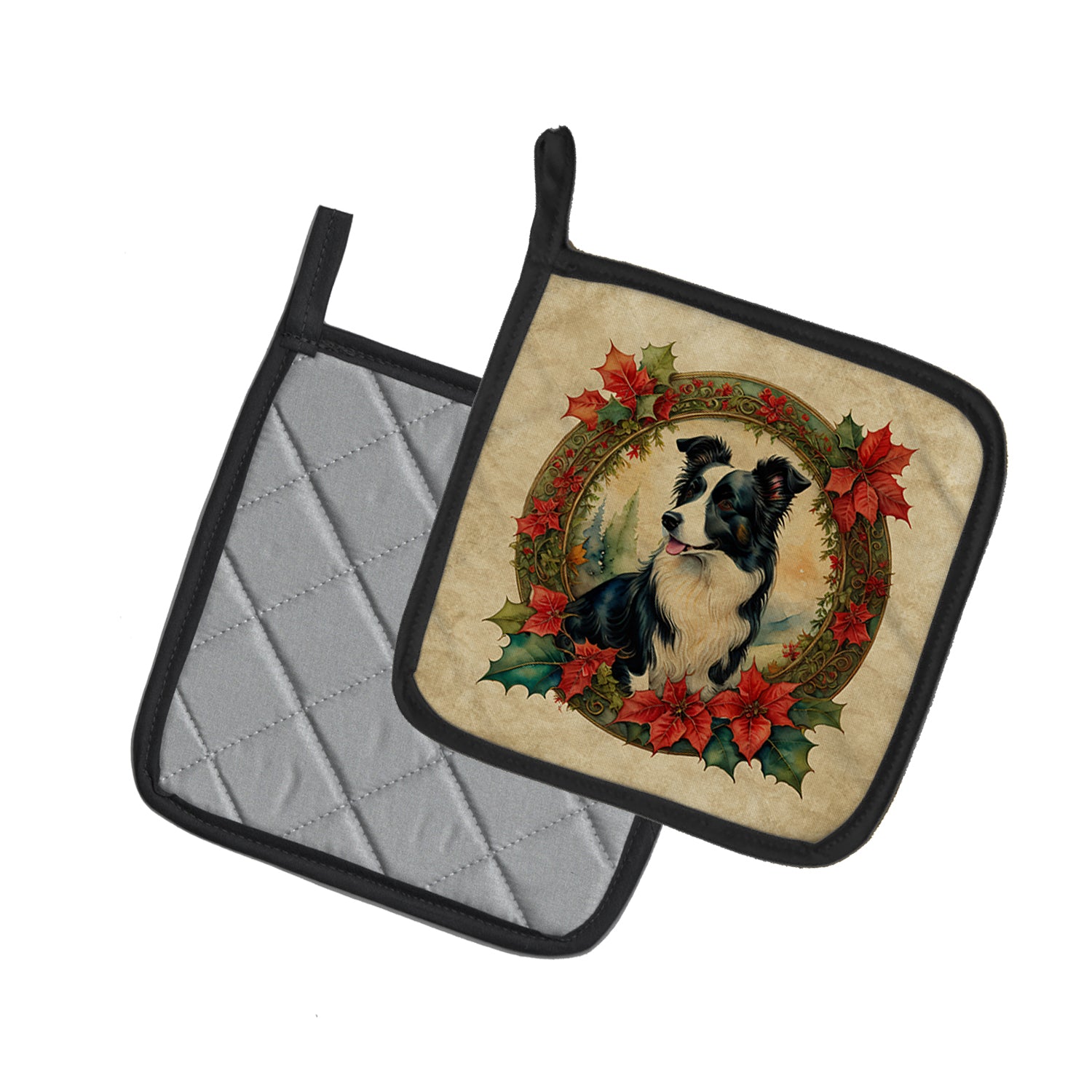 Buy this Border Collie Christmas Flowers Pair of Pot Holders