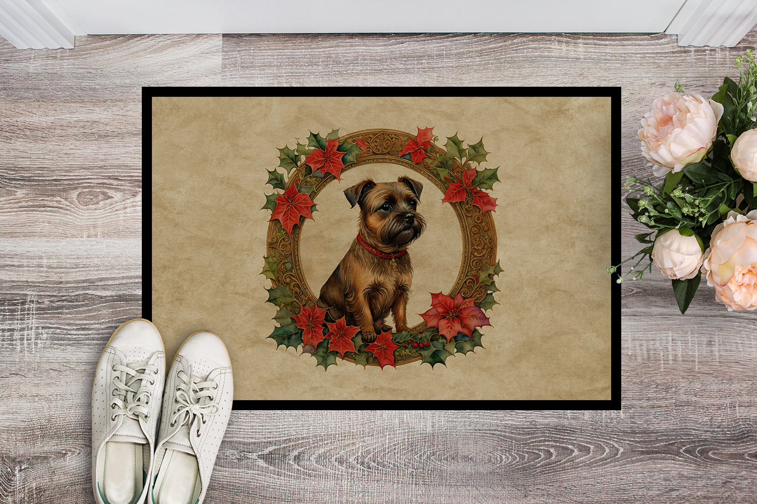 Border Terrier Christmas Flowers Doormat