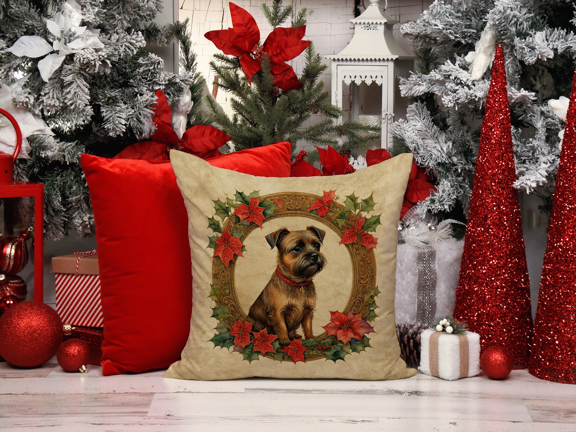 Border Terrier Christmas Flowers Throw Pillow