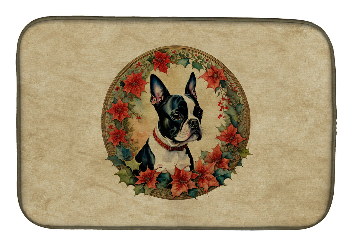 Buy this Boston Terrier Christmas Flowers Dish Drying Mat