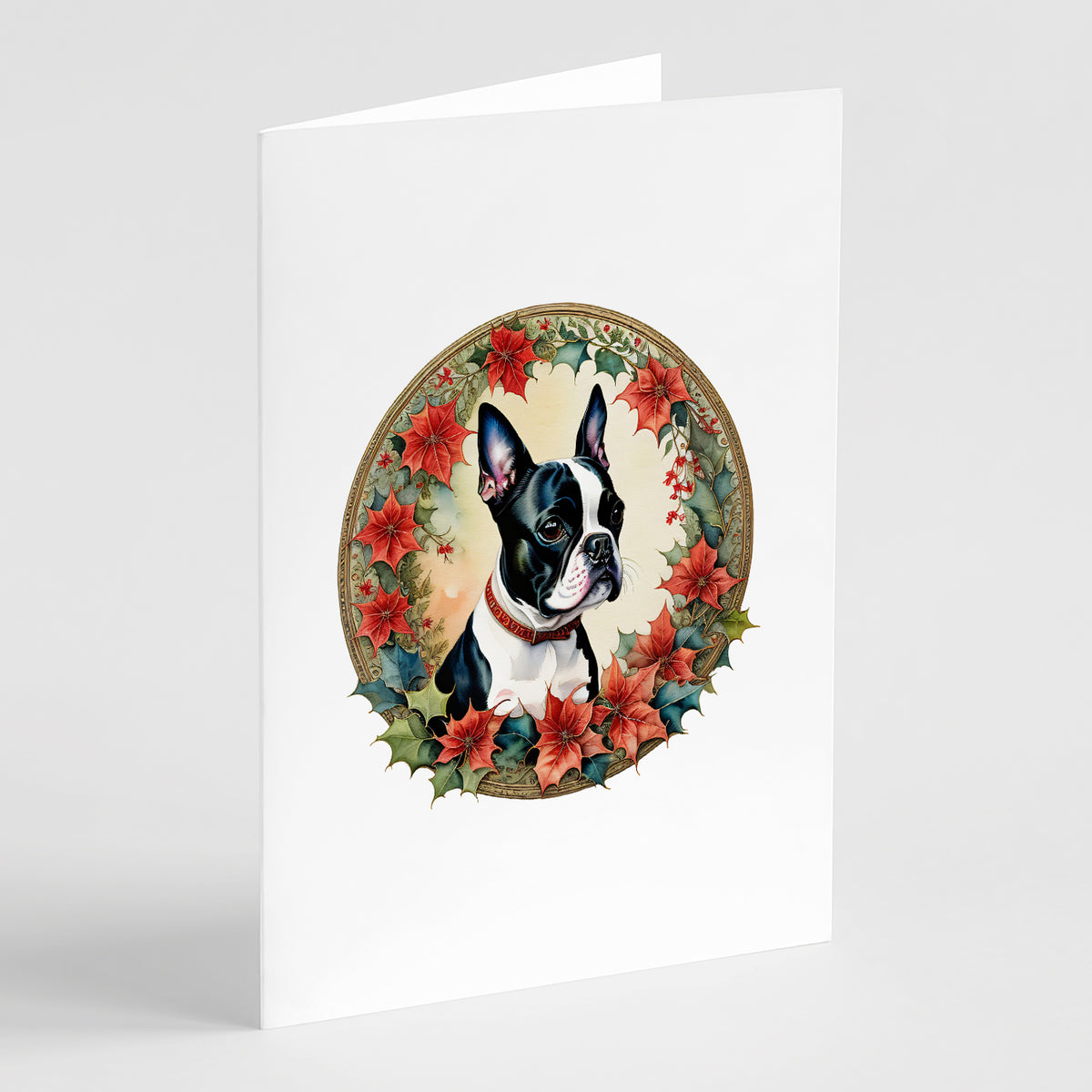 Buy this Boston Terrier Christmas Flowers Greeting Cards Pack of 8