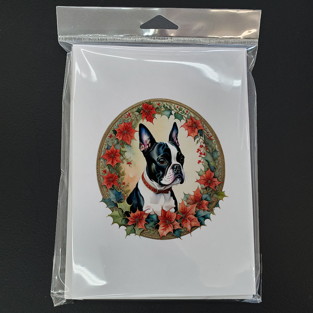 Boston Terrier Christmas Flowers Greeting Cards Pack of 8