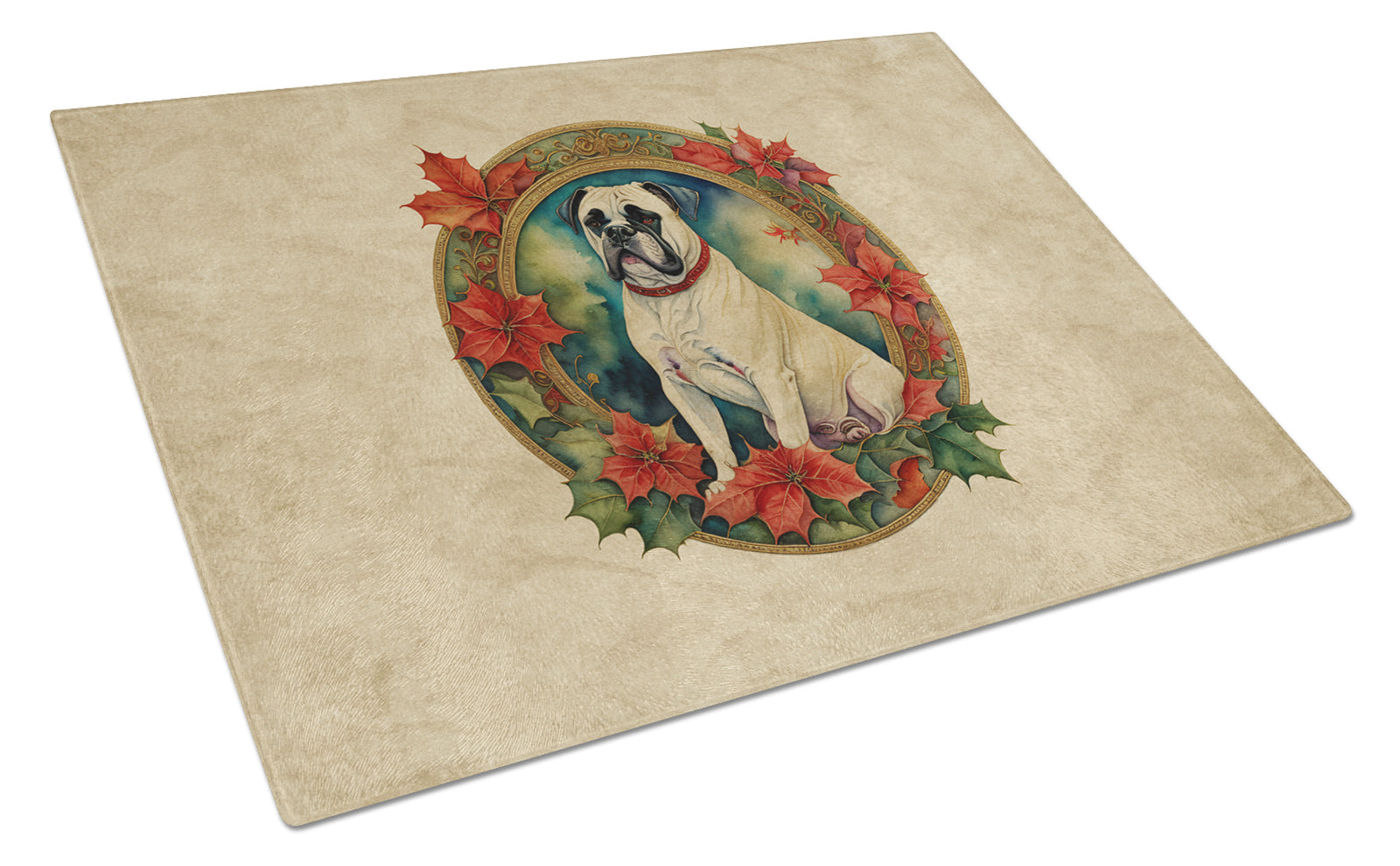Buy this White Boxer Christmas Flowers Glass Cutting Board