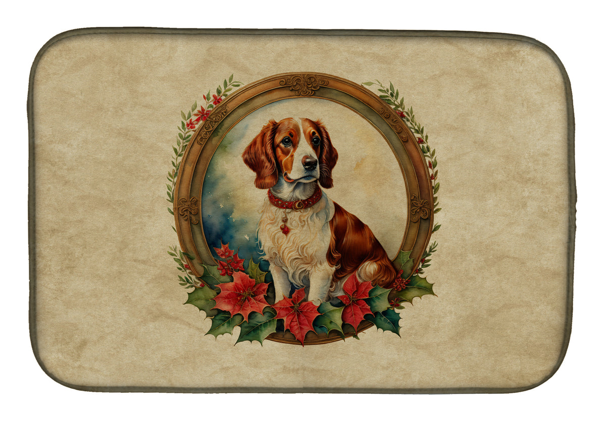Buy this Brittany Spaniel Christmas Flowers Dish Drying Mat