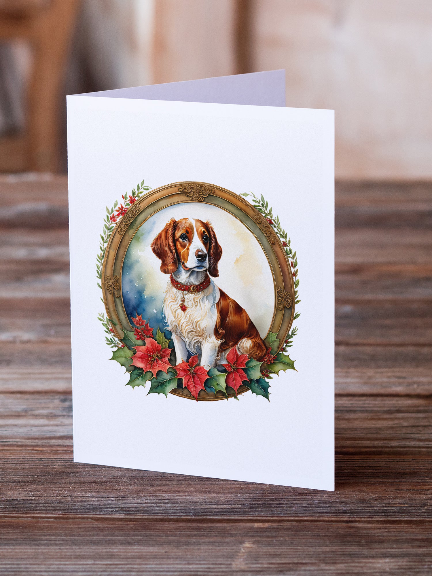 Buy this Brittany Spaniel Christmas Flowers Greeting Cards Pack of 8