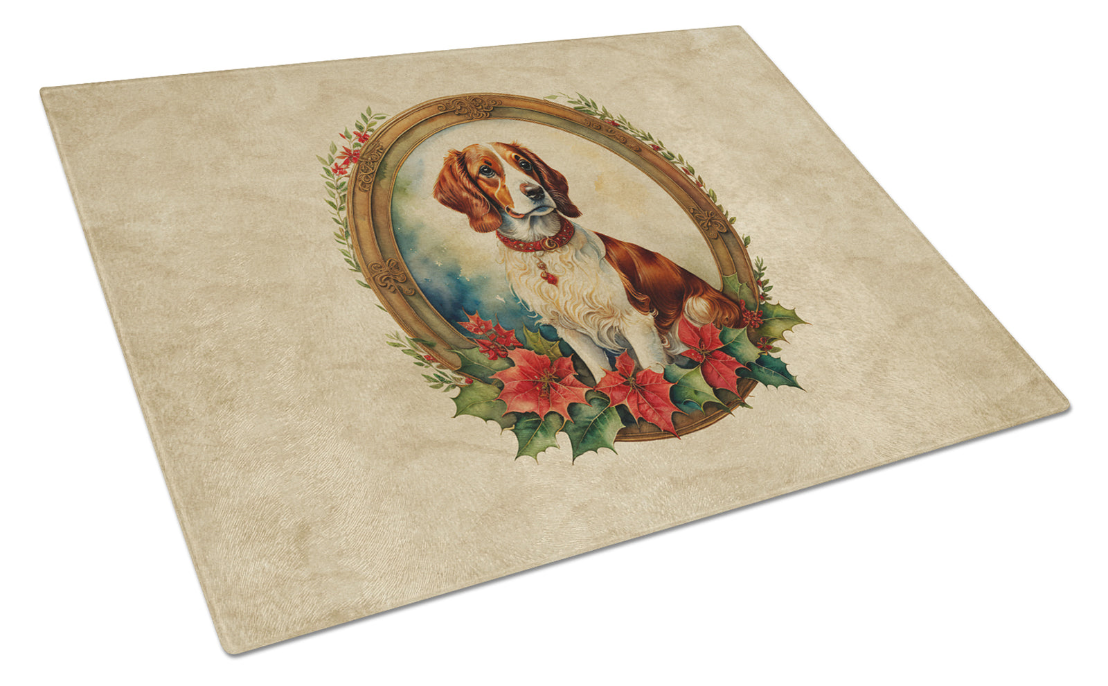 Buy this Brittany Spaniel Christmas Flowers Glass Cutting Board