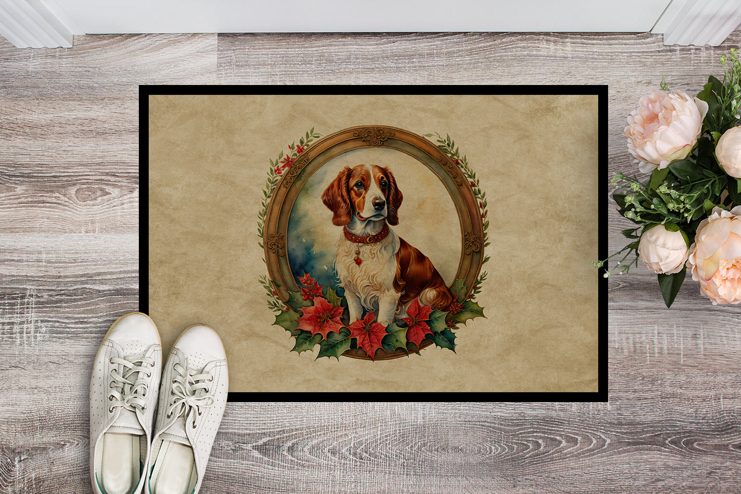 Buy this Brittany Spaniel Christmas Flowers Doormat