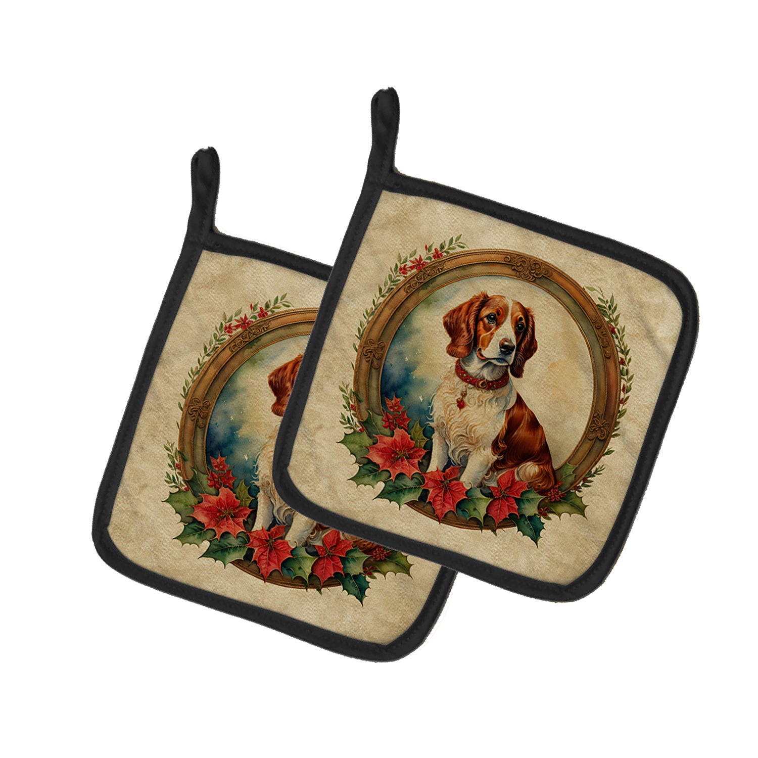 Buy this Brittany Spaniel Christmas Flowers Pair of Pot Holders