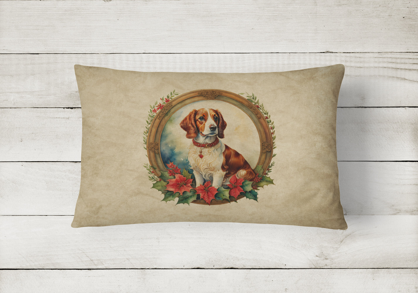 Buy this Brittany Spaniel Christmas Flowers Throw Pillow