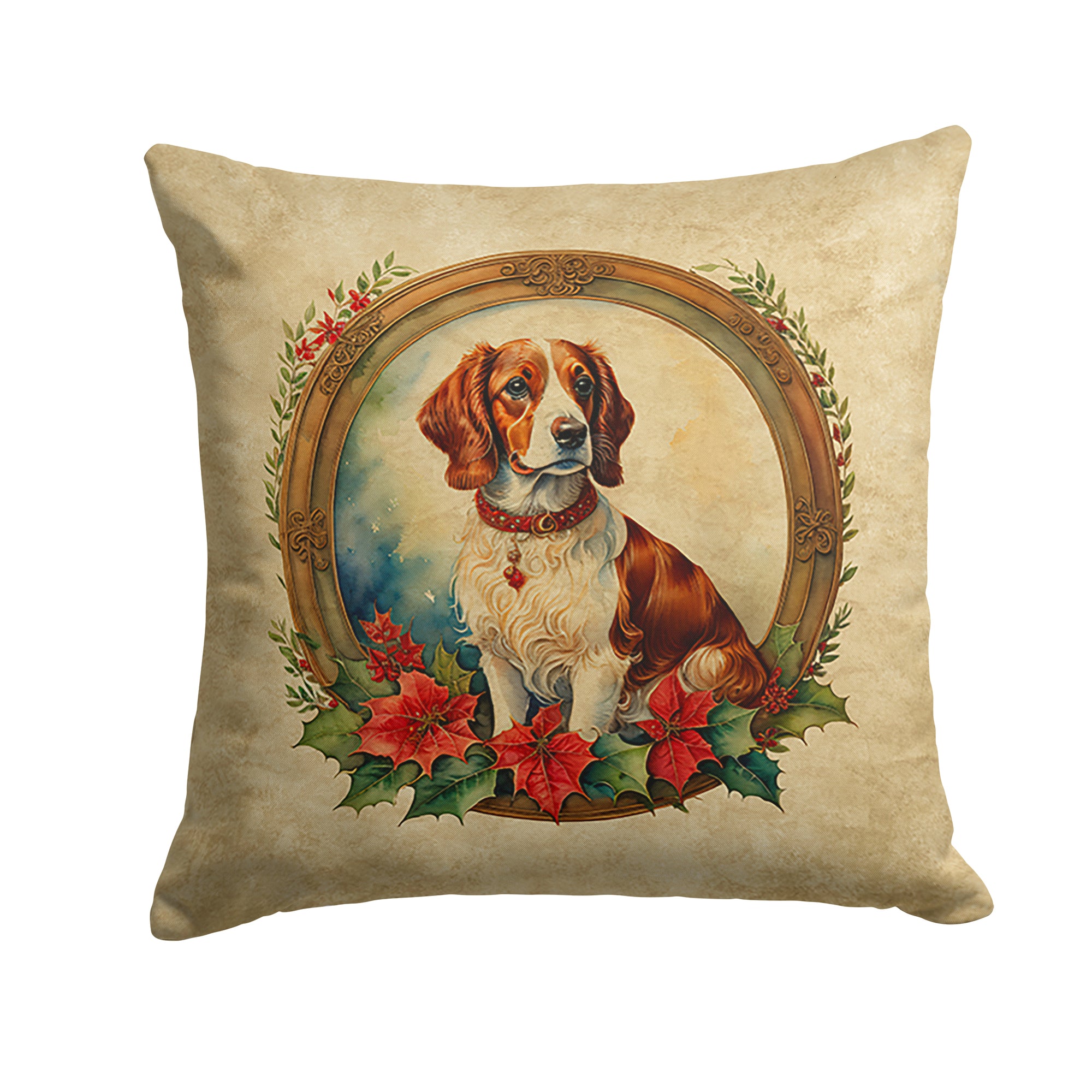 Buy this Brittany Spaniel Christmas Flowers Throw Pillow