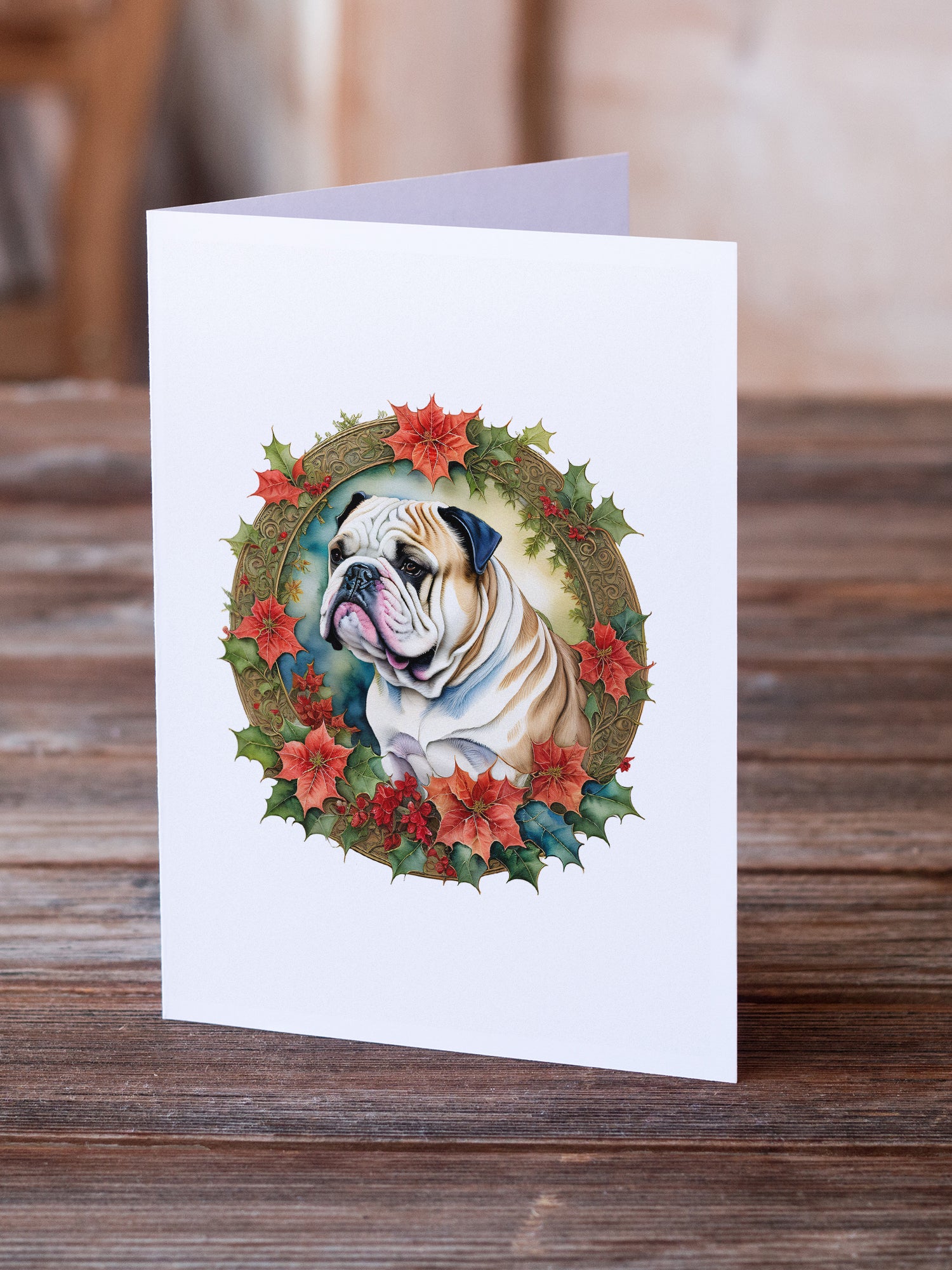 English Bulldog Christmas Flowers Greeting Cards Pack of 8