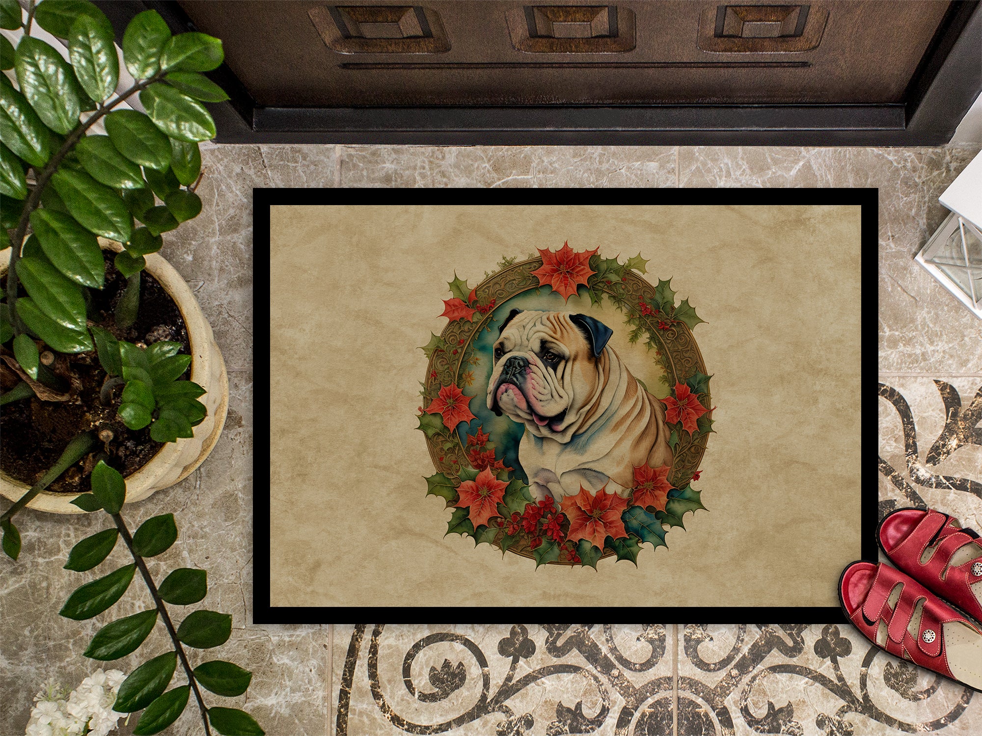 English Bulldog Christmas Flowers Doormat