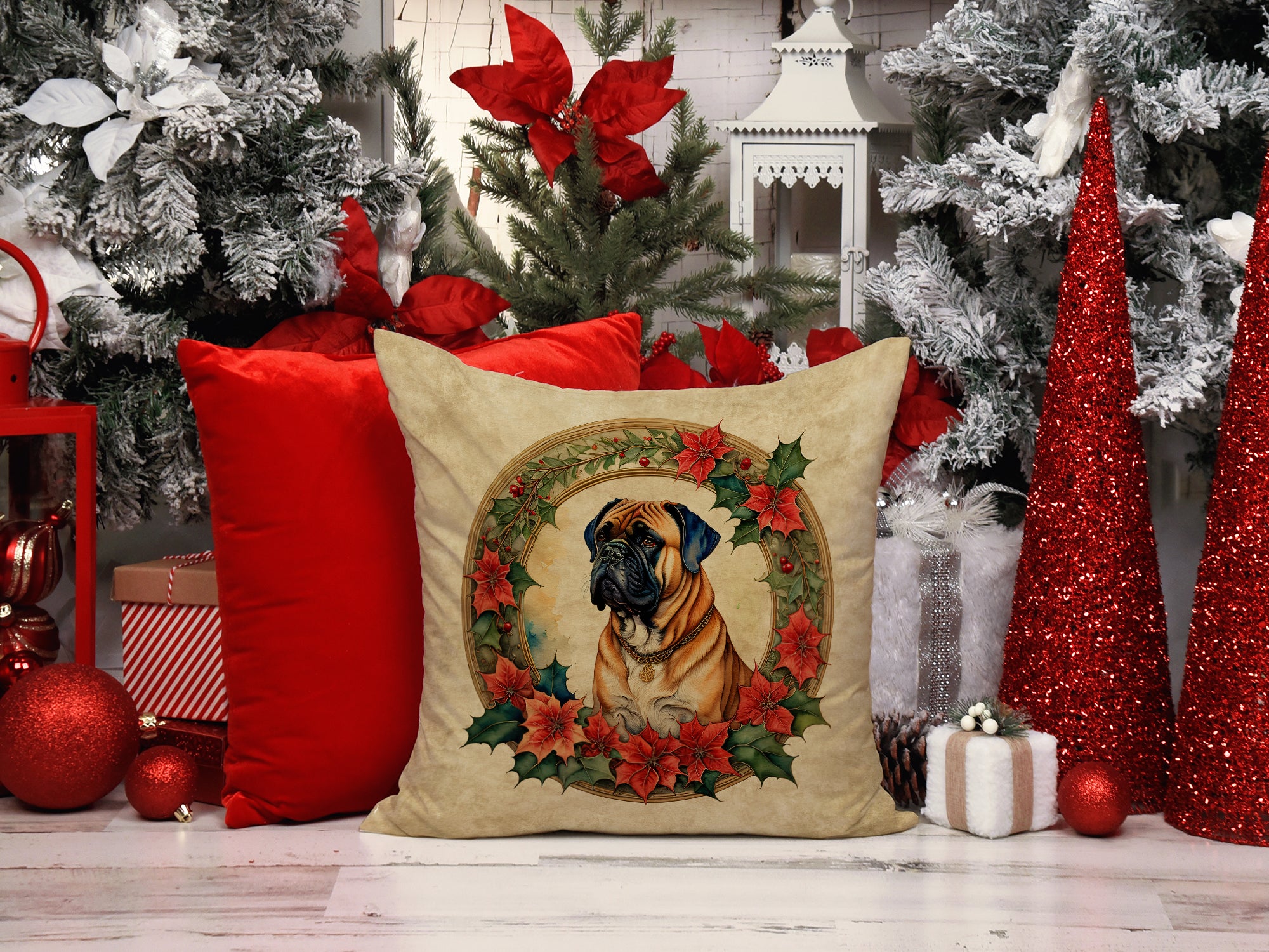 Buy this Bullmastiff Christmas Flowers Throw Pillow