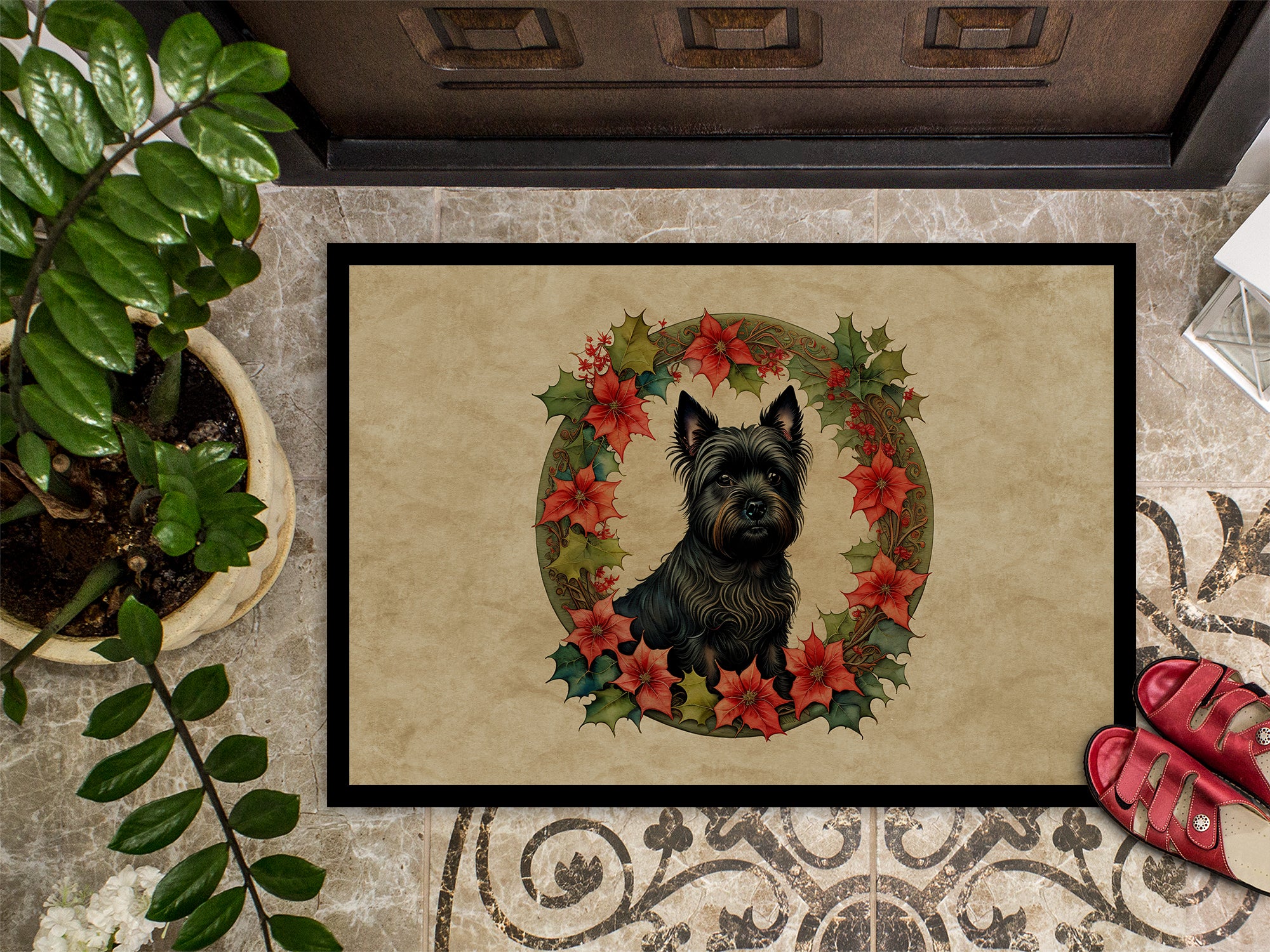 Cairn Terrier Christmas Flowers Doormat