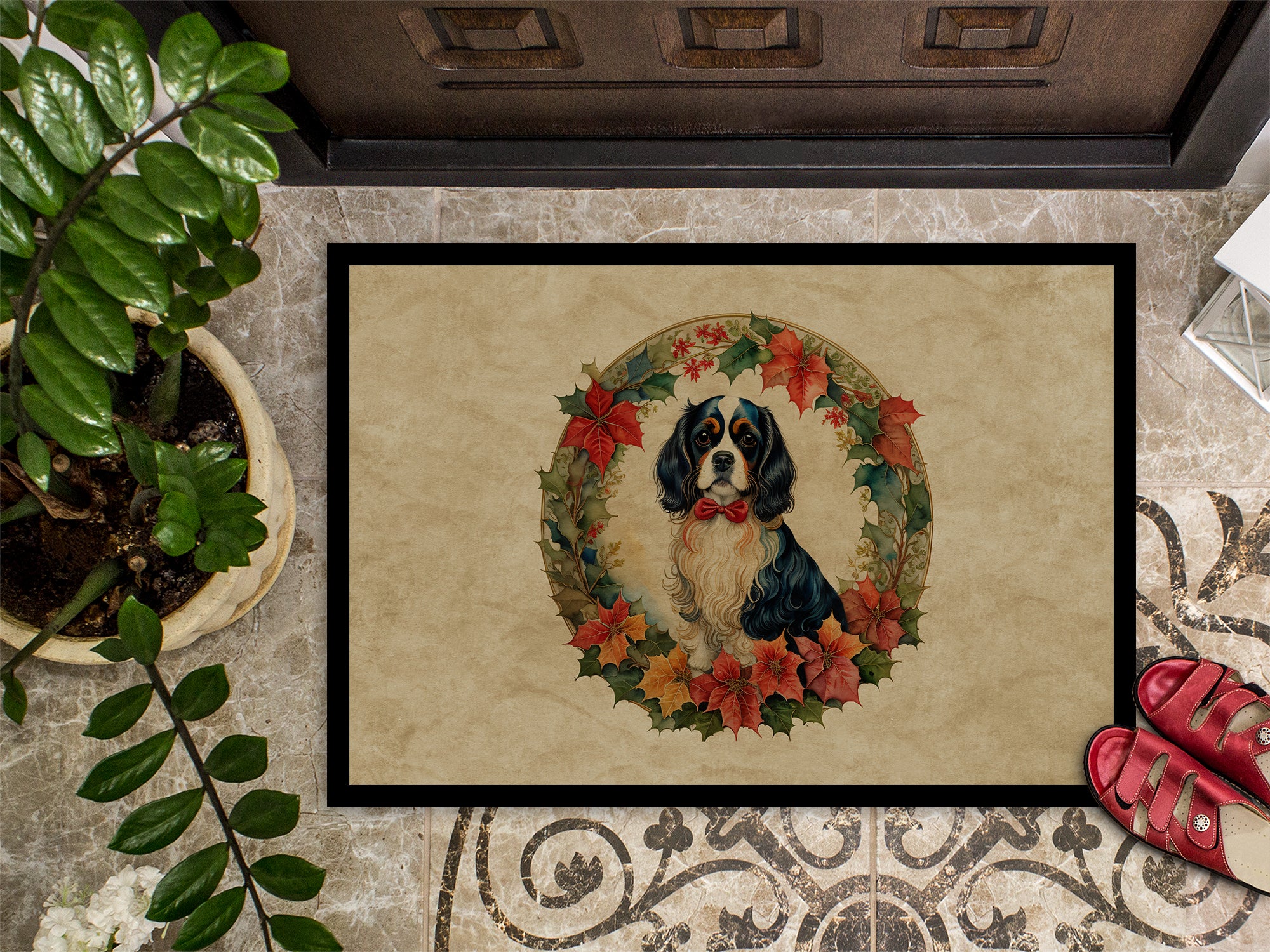 Cavalier Spaniel Christmas Flowers Doormat