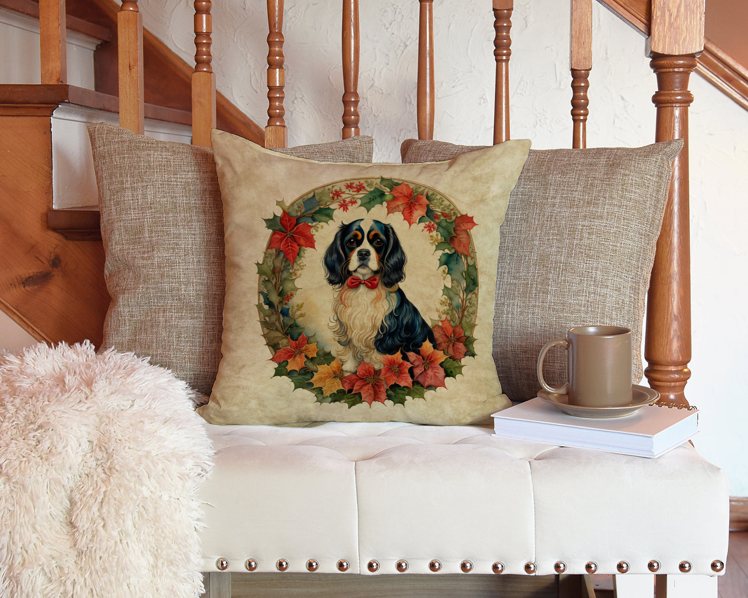 Cavalier Spaniel Christmas Flowers Throw Pillow