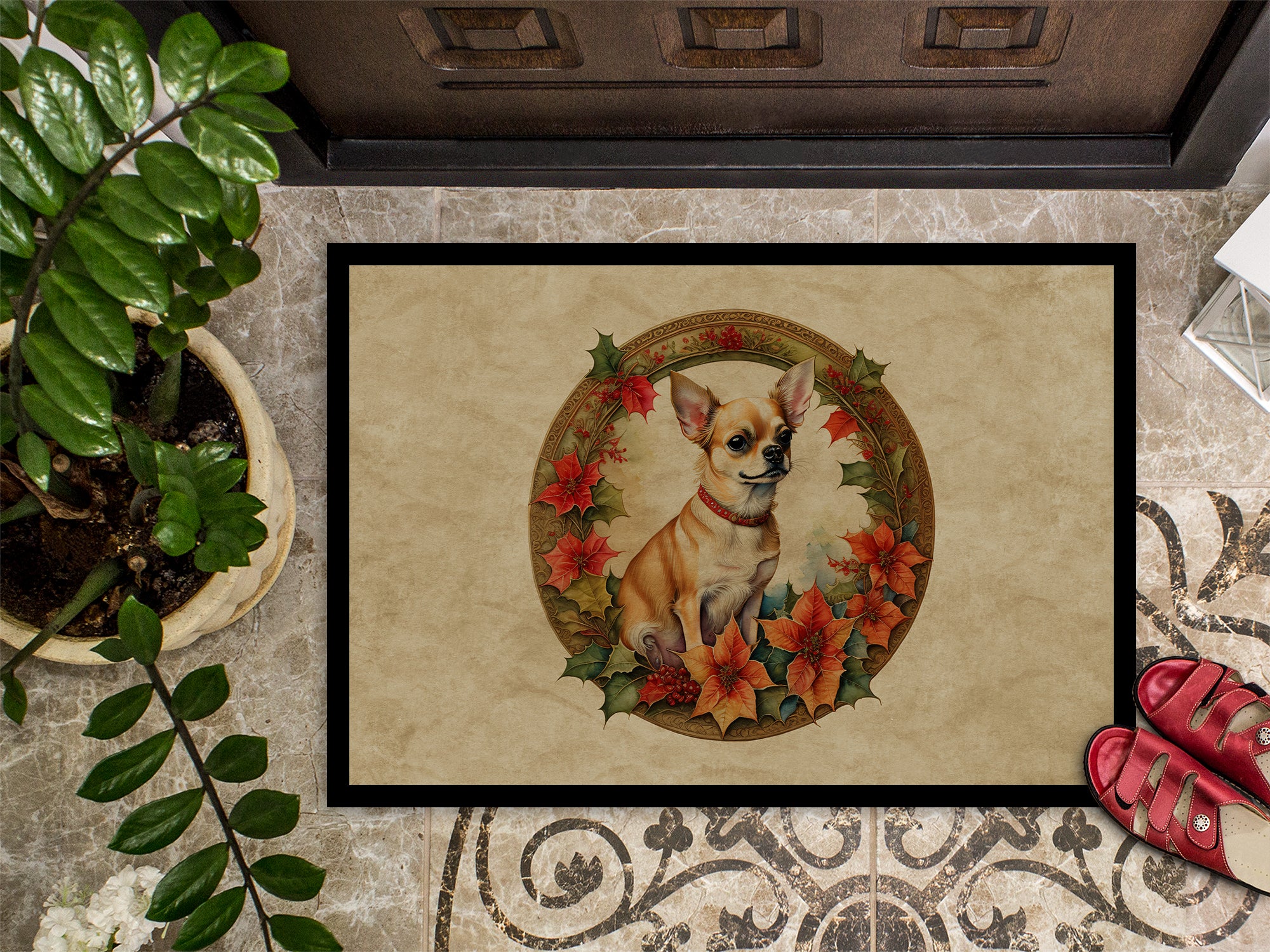 Chihuahua Christmas Flowers Doormat