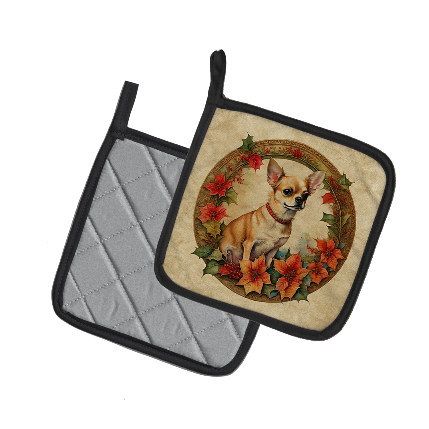 Chihuahua Christmas Flowers Pair of Pot Holders