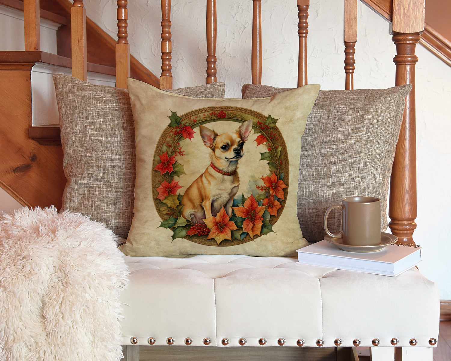 Chihuahua Christmas Flowers Throw Pillow