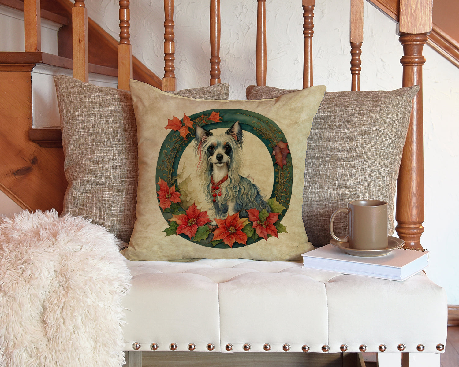 Chinese Crested Christmas Flowers Throw Pillow