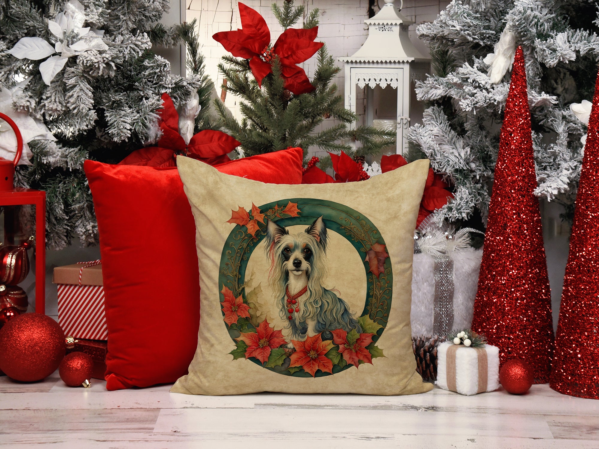 Chinese Crested Christmas Flowers Throw Pillow