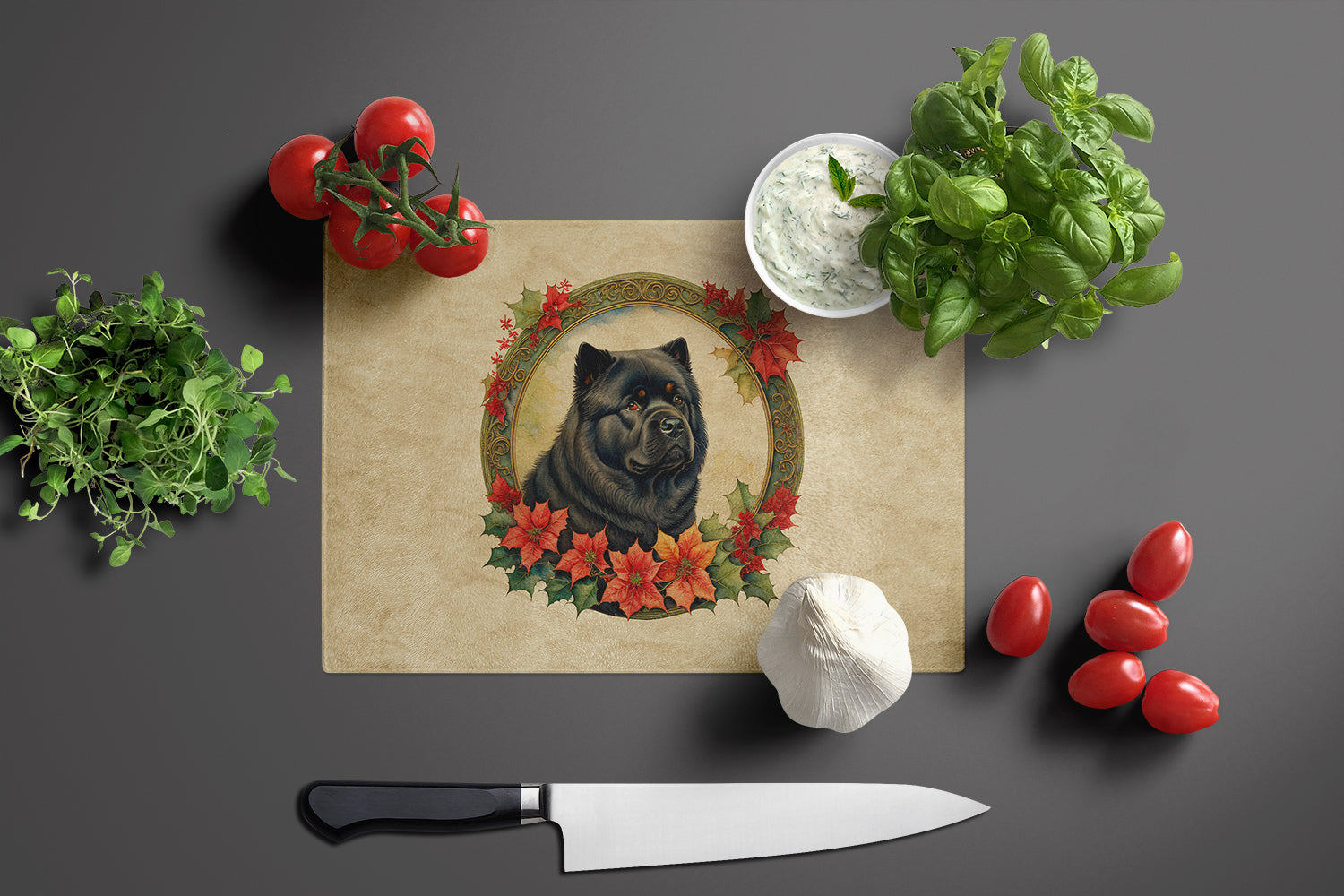 Chow Chow Christmas Flowers Glass Cutting Board