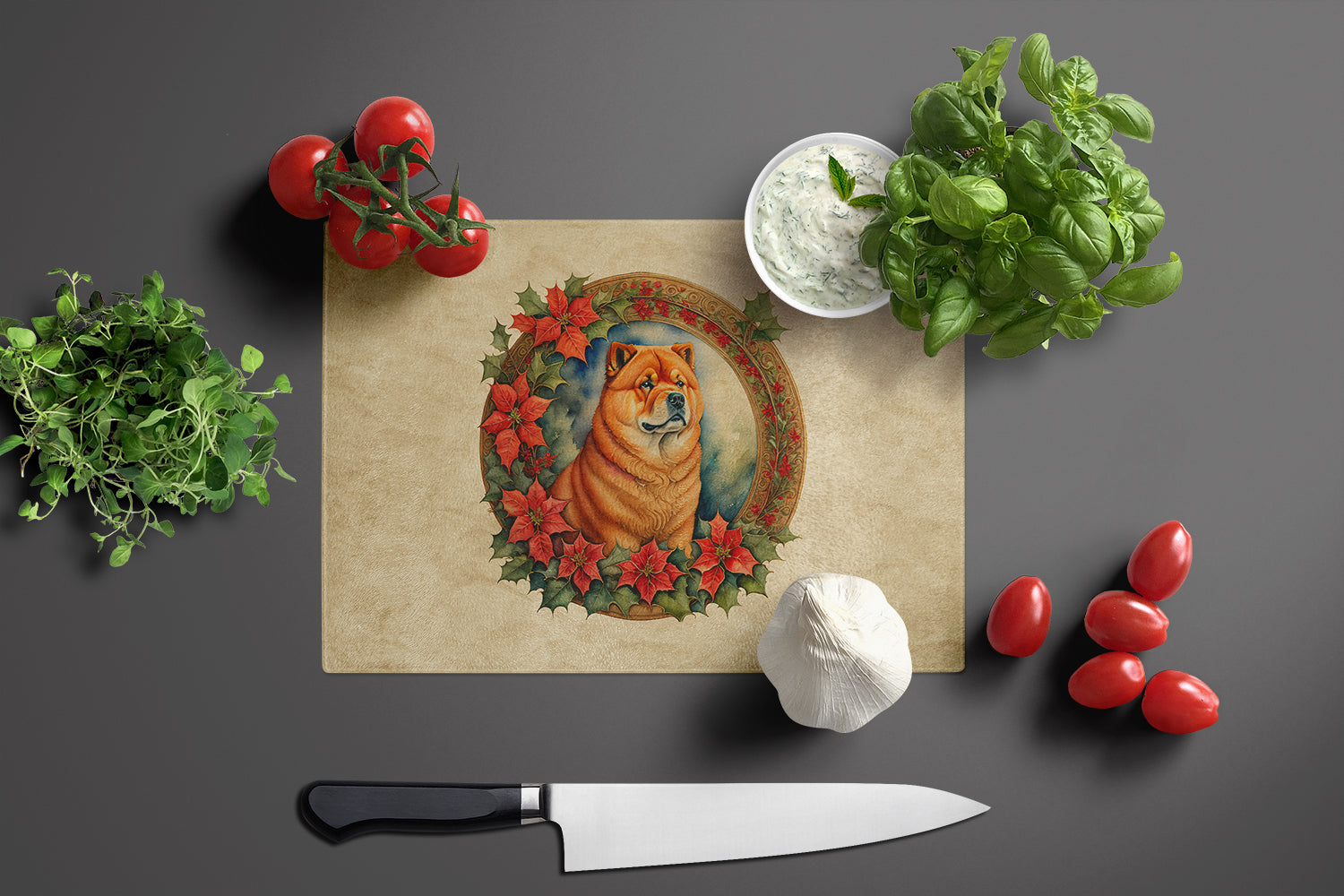 Chow Chow Christmas Flowers Glass Cutting Board