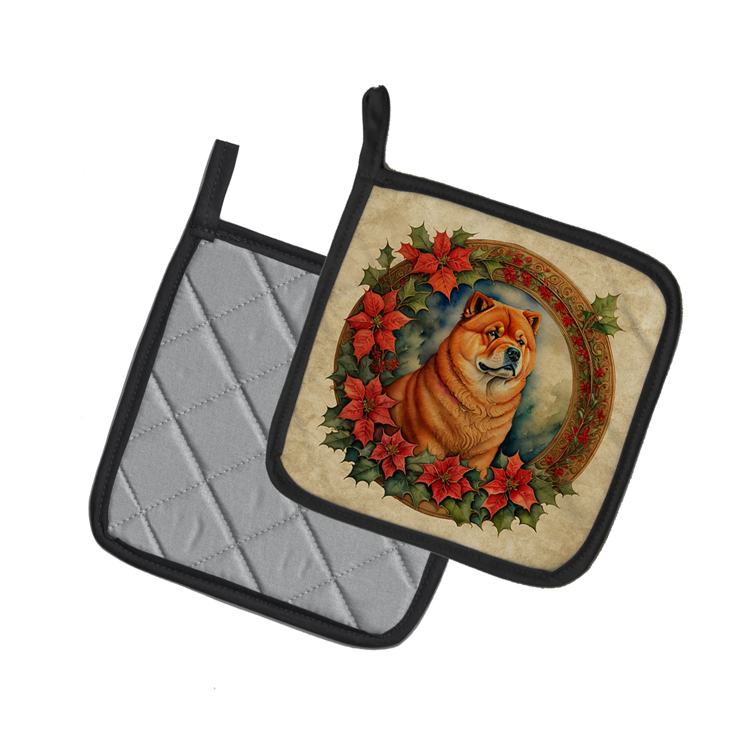 Chow Chow Christmas Flowers Pair of Pot Holders
